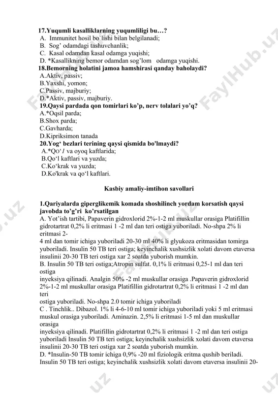 artrat 0,2% li eritmasi 1 -2 ml dan teri ostiga yuboriladi insulin 50 tb teri ostiga; keyinchalik xushsizlik xolati davom etaversa insulinii 20-30 tb teri ostiga xar 2 soatda yuborish mumkin. d. *insulin-50 tb tomir ichiga 0,9% -20 ml fiziologik eritma qushib beriladi. insulin 50 tb teri ostiga; keyinchalik xushsizlik xolati davom etaversa insulinii 20-30 tb teri ostiga xar 2 soatda yuborish mumkin. insulin bilan bir vaqtda 20-30 ml 40% li glyukoza eritmasidan tomirga yuboriladi. natriy xlor 0,9% - 500 ml tomir ichiga 25 g natriy bikarbonat, 100 g fiziologik eritma) xukna (klizma) qilinadi. askarbinat kislota. 5% li eritmasi 1-3 ml miqdorida parenterial yul bilan yuboriladi. 2.bosh aylanishi. hamshira tashxisi asosida parvarishlash rejasini tuzing. 3.bemorda qorinning ung yarmi pastki qismida og`riq,shu sohada mushaklar taranglashishi,og`riq odatda epigastral sohasi yoki kindik atrofida boshlanib,ko`ngil aynishi qayt qilish ,isitma qilish shikoyatlari bo`lsa hamshira tashxisini qo`ying. a.peritonit b. pankreatit s. o`tkir qorin. d.interit 4.ekg o`tkazish …