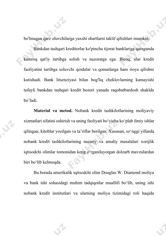 y xizmatlardan foydalanish imkoniyatini beruvchi tashkilotlardir. ular odatda mintaqaviy yoki mahalliy darajada ishlaydi. investitsiya kompaniyalari: bular mijozlarning pul mablag'larini qimmatli qog'ozlar, aktsiyalar, obligatsiyalar va boshqa moliyaviy vositalarga investitsiya qiluvchi tashkilotlardir. shuningdek, ular boylikni boshqarish, moliyaviy maslahat va boshqa investitsiya xizmatlarini taklif qilishlari mumkin. lombardlar: bu zargarlik buyumlari, elektronika yoki avtomashinalar kabi qimmatbaho buyumlarga qarz beruvchi tashkilotlardir. qarz oluvchi o'z mulkini garov sifatida qoldirib, kredit summasini oladi. kredit byurolari: bular jismoniy shaxslar va korxonalarning kredit tarixi to'g'risidagi ma'lumotlarni to'playdigan va saqlaydigan tashkilotlardir. ular ushbu ma'lumotni kreditorlarga kredit qarorlarini qabul qilishlari uchun taqdim etadilar. faktoring kompaniyalari: bu korxonalardan debitorlik qarzlarini chegirmali narxda sotib olib, keyin ularni undiruvchi tashkilotlardir. ushbu xizmat kompaniyalarga o'z tovarlari yoki xizmatlari uchun mijozlardan to'lovni kutmasdan darhol pul olishga yordam beradi. kredit iste'mol kooperativlari: bu o'z a'zolariga tovar va xizmatlar sotib olish uchun kredit beradigan kooperativ tashkilotlardir. ular o'zaro yordam va hamkorlik tamoyili asosida ishlaydi. bu turli mamlakatlarda mavjud …