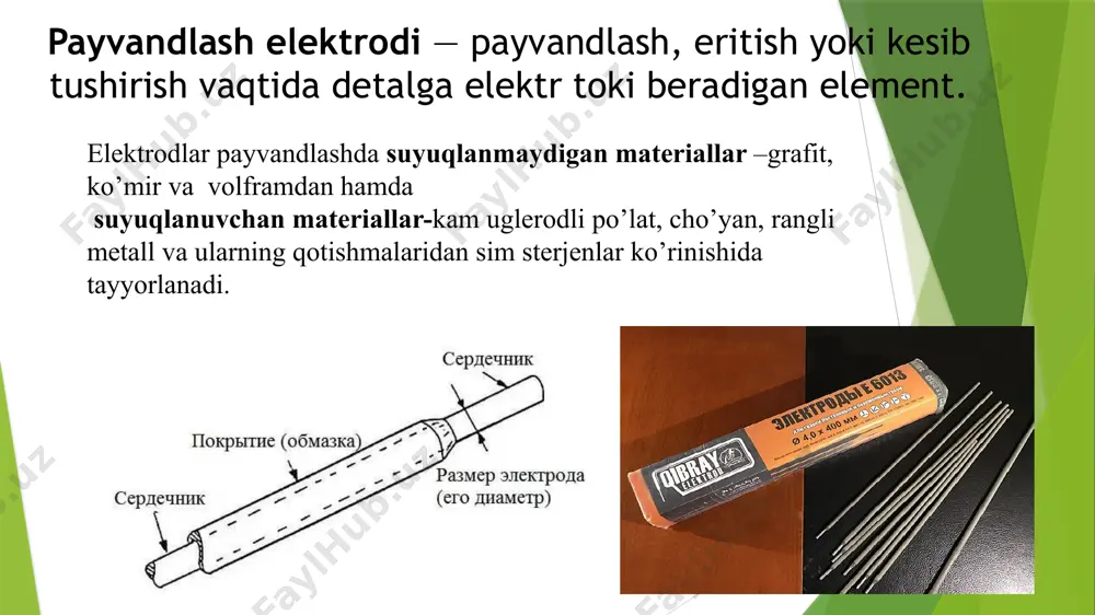 olish bilan ham qoplama hosil etish hollari uchraydi. elektrod turlari diametri 2,5 mm dan ortiq elektrodlar ishlatilganda chok metalining mexanikaviy xossalari diametri 2,5mm va undan kichik elektrodlar ishlatilganda payvand birikmaning mexanikaviy xossalari chok metalidagi maddalar miqdori, % ishlatilishi cho’zilishdagi mustaxkamlik chegarasi , mpa nisbiy uzayishi , % zarbiy qovushqoqligi , kgm/sm 2 cho’zilishdagi mustaxkamlik chegarasi , mpa bukish burchagi, grad oltingugurt fosfor э34 3,4 − − 3,4 30 0,05 0,05 kam uglerodli va kam legirlangan po’latlarni payvandlash uchun э42 4,2 18 0,8 4,2 120 0,05 0,05 э42а 4,2 22 1,4 4,2 180 0,04 0,04 э46 4,6 18 0,8 4,6 120 0,05 0,05 э46а 4,6 22 1,4 4,6 150 0,04 0,04 э50 5,6 16 0,6 5,6 90 0,05 0,05 o’rtacha uglerodli va kam legirlangan po’latlarni payvandlash uchun э50а 5,6 20 1,3 5,6 150 0,04 0,04 э55 5,5 20 1,2 5,5 140 0,04 0,04 э60 6,0 16 0,6 − − 0,04 0,04 …