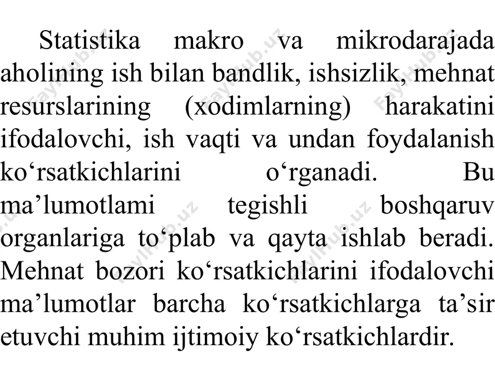 vlat sektori o‘z navbatida: hissadorlik jamiyatlari, ijara korxonalari, xususiy korxonalar va dehqon xo‘jaliklariga guruhlanib urganiladi. bunday guruhlash natijasida aholining asosiy qismi qanday mulkchilik tasarrufida ishlayotgani va uning tarkibi qanday o‘zgarayotganligi aniqlanadi va tahlil qilinadi. ma’lumotlarga qaraganda hozir mehnat resurslarining 70 % dan ko‘prog‘i nodavlat sektor xo‘jaliklarida band va bu hissa yildan-yilga oshib bormoqda. mehnat resurslari tarkibi (ming kishi) 2000 2001 2002 2003 2004 2005 2006 2007 2008 2009 2010 2011 2012 2013 2014 2015 2016 2017 2018 mehnat resurslari 12469,0 12817,4 13181,0 13607,2 14048,8 14453,2 14816,5 15219,6 15685,7 16103,5 16726,0 17286,4 17564,3 17814,1 18048,0 18276,1 18488,9 18666,3 18829,6 doimiy aholiga nisbatan, foizda 50,6 51,3 52,2 53,2 54,3 55,2 55,9 56,6 57,5 58,0 58,6 58,9 59,0 58,9 58,7 58,4 58,1 57,6 57,1 shu jumladan: mehnatga layoqatli yoshdagi mehnatga layoqatli aholi 12245,4 12630,0 13040,3 13464,5 13880,4 14263,7 14624,5 15036,0 15474,6 15875,0 16533,9 17169,6 17451,5 17698,7 17937,8 18167,7 18371,7 18549,0 18712,1 doimiy aholiga …