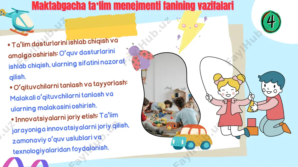mustahkamlash: ota-onalar uchun maʼruzalar va seminarlar tashkil qilish, ular bilan muntazam muloqot qilish, ularning fikrlarini tinglash. • zamonaviy texnologiyalardan foydalanishni ragʻbatlantirish: oʻqituvchilarga zamonaviy texnologiyalar bilan ishlashni oʻrgatish, texnik vositalar bilan taʼminlash. • strategik rejalashtirish: uzoq muddatli rejalashtirish, maqsad va vazifalarni aniq belgilash. • jamoa ishini tashkil qilish: oʻqituvchilar, ota-onalar va boshqa xodimlar bilan samarali jamoa ishlarini yoʻlga qoʻyish. • innovatsiyalarni joriy qilish: taʼlim jarayoniga innovatsiyalarni joriy qilish, zamonaviy oʻquv uslublari va texnologiyalaridan foydalanish. • sifat nazoratini taʼminlash: taʼlim jarayonining sifatini muntazam nazorat qilish maqsad va vazifalarga erishish darajasini baholash. • ochiqlik va shaffoflik: muassasaning faoliyati haqida ochiq va shaffof maʼlumot berish, ota-onalar bilan hamkorlik qilish. maktabgacha taʼlim menejmentida muvaffaqiyatga erishish uchun maslahatlar • kitoblar: maktabgacha taʼlim menejmentiga oid kitoblar • maqolalar: ilmiy jurnallarda chop etilgan maqolalar • elektron resurslar: onlayn kutubxonalarda mavjud boʻlgan maʼlumotlar • seminarlar va treninglar: maktabgacha taʼlim menejmentiga oid seminarlar va treninglar maktabgacha taʼlim menejmentida oʻquv materiallari …