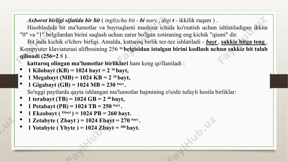 zilgan. ii avlod kompyuter texnologiyalarining ikkinchi avlodi - 1955-65 yillarda ishlab chiqarilgan mashinalar. 1958 yilda 1948 yilda uilyam shokli tomonidan ixtiro qilingan yarimo'tkazgichli tranzistorlar kompyuterlarda ishlatilgan, ular ishonchli, bardoshli, kichikroq, ancha murakkab hisob-kitoblarni amalga oshirishi mumkin edi va katta ramga ega edi. 1 tranzistor ~ 40 vakuum trubkasini almashtirishga muvaffaq bo'ldi va yuqori tezlikda ishlaydi. tezlik - soniyada yuz minglab operatsiyalargacha. yuqori darajadagi tillar paydo bo'ldi. operatsion tizimlar keldi iii avlod uchinchi avlod mashinalari taxminan 60-yillardan keyin yaratilgan. element bazasi - integral mikrosxemalar (mikrosxemalar) oila ichidagi mashinalarning tezligi soniyada bir necha o'n minglab operatsiyalardan millionlab operatsiyalargacha o'zgarib turadi. yagona arxitekturaga ega mashinalar oilasi paydo bo'ldi, ya'ni. dasturiy ta'minotga mos keladi es kompyuteri sm kompyuteri iv avlod to'rtinchi avlod - 1970 yildan keyin ishlab chiqilgan kompyuter texnikasi avlodi. birinchi marta katta integral mikrosxemalar (lsi) qo'llanila boshlandi, ular quvvati taxminan 1000 icga to'g'ri keladi. bunday mashinalarning tezligi sekundiga bir necha o'n millionlab …