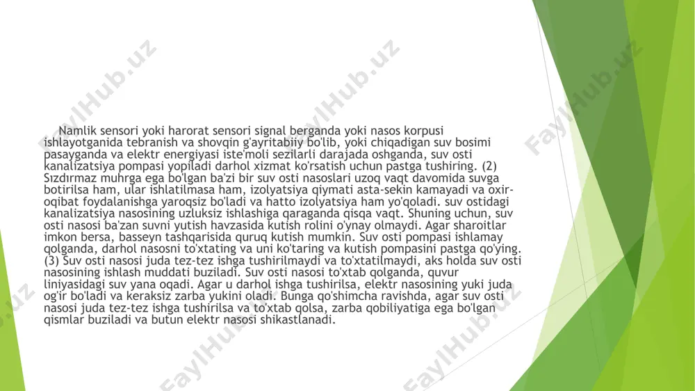 zoq oʻtmishli tarixga ega. odam yoki hayvon kuchi bilan harakatga keltiriladigan chigir va noriya deb nomlangan suv uzatish mashinalari eramizdan ming yillar avval misrda qoʻllangan. suyuqlik harakatini mexanik harakatga aylantirib, choʻmichlari yordamida suvni koʻtaruvchi charxpalak oʻrta osiyo, hindiston, xitoy va misrda qadim zamonlarda ekinlarni sugʻorishda qoʻllangan va hozirgi kungacha etib kelgan. oddiy tuzilishdagi porshenli nasoslar eramizdan avvalgi vi asrda, ya’ni, aristotel davrida qoʻllangani tarixdan ma’lum. bu nasoslar daraxt tanasidan parmalab tayyorlanib, inson yoki xayvon kuchi bilan harakatga keltirilgan. markazdan koʻchma nasosning birinchi shaklini italiyalik djiovanni jordan ixtiro qilgan boʻlsa, 1703 yilda devani papin uning eng sodda konstruksiyasini tayyorlagan. inshootlar tarkibi, ular tuzilishining oʻziga xosiiklari, asosiy va yordamchi jihozlarning turi va soni nasos stansiyasining vazifalari, unga qo‘yilgan texnologik talablar, suv resurslardan oqilona foydaianish va atrofdagi tabiatni muhofaza qilishdan kelib chiqqan holda aniqlanadi. suv ta’minotining umumiy sxemasida joylashishi va oʻzining vazifalariga koʻra nasos stansiyalari i-koʻtaruv, ii-koʻtaruv, siquvni ko‘tarib beruvchi va sirkulyatsiya stansiyalariga …