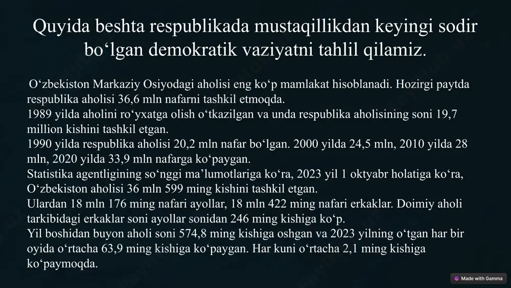 blikalari orasida aholi soni o‘sishi bo‘yicha 1-o‘rinda turadi. . 9 qirgʻiziston respubliksi aholisi. qirgʻiziston respublikasi (qirgʻizcha: kirgiz respublikasi) – oʻrta osiyoning shimoli-sharqida joylashgan davlat. poytaxti – bishkek shahri. qirgʻiziston bmtning aʼzosidir. mamlakat shimolda qozogʻiston, gʻarbida oʻzbekiston, janubi-gʻarbida tojikiston va janubi-sharqida xitoy xalq respublikasi joylashgan. qirgʻiziston aholisi bugungi kunda 6 million kishidan ortiqirgʻiziston uning 72,6 % qirgʻizlar, 14,34 % oʻzbeklar, 10,65 % ruslar va 8,31 % 5% tojiklar boshqa turli millat vakillari tashkil qiladi. umuman, mamlakatda 90 dan oshiq millat va elat vakillari istiqomat qiladilar[1]. qirgʻizistonning aholisi soni-6 550 000 kishi. 10 qirgʻiziston respubliksi aholisi. milliy statistika qo‘mitasi xabariga ko‘ra, 1 avgust holatiga respublikaning doimiy aholisi soni 6 million 977 ming kishini, 1 oktyabr holatiga esa 6 million 995 ming kishini tashkil qilgan. hisob-kitoblarga ko‘ra, 20 oktyabrga qadar qirg‘izistonning yetti millioninchi fuqarosi dunyoga keladi. mamlakat vazirlar mahkamasi farmoyishiga muvofiq, respublikaning yetti millioninchi rezidenti tug‘ilishi munosabati bilan tadbirlar o‘tkazish bo‘yicha idoralararo komissiya …