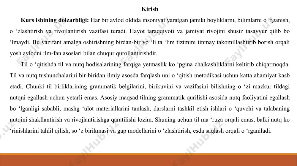 asosiy ko ‘nikmalarni o ‘rganish va shakillantirish jarayoni kurs ishining vazifasi bog ‘lanishli nutqqa oid asosiy ko ‘nikmalarni o ‘rganish va shakillantirish jarayoni natijalarini umumlashtirish va xulosa chiqarish - tadqiqot asosida ona tilini o ‘qitish metodikasini yanada takomillashtirish yuzasidan amaliy takliflar ishlab chiqish. i-bob bog ‘lanishli nutq va uni o ‘stirish vazifalari 1.1 bog ‘lanishli nutq va uni maktabda egallash fikrni bayon etish ehtiyojini amalga oshirishga qaratilgan, tugallangan mavzuni ifodalaydigan, logik va grammatik qoidalar asosida tuzilgan, mustaqil, tugallangan va o ‘zaro bog ‘langan ma ‘noli qismlarga bo ‘linadigan nutq bog ‘lanishli nutq deyiladi. bog ‘lanishli nutq birligi sifatida hikoya, maqola, roman, monografiya, doklad, hisobot kabilarni, maktab sharoitida esa o ‘qituvchi bergan savolga o ‘quvchilarning keng, mukammal og ‘zaki javobini, yozma bayon va inshoni olish mumkin. 1.2 bog ‘lanishli nutqqa oid asosiy ko ‘nikmalar o‘quvchilar nutqini o‘stirish ularga aniq ko ‘nikmalarni singdirish demakdir. boshlang ‘ich sinf o‘quvchilari mustaqil mashq sifatida bog …