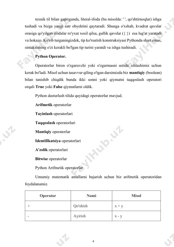 atik amallarni bajarish uchun biz arifmetik operatoridan foydalanamiz. operator nomi misol + qo'shish x + y - ayirish x - y * ko'paytirish x * y / bo'lish x / y % modul x % y ** eksponentlash x ** y // zaminlarni ajratish x // y 1