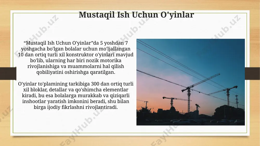 aruv metodologiyalari qo'llanilishi mumkin. muvaffaqiyatli o'yinlarni loyihalashda 50% gacha vaqt o'yin mexanikasi va o'yinchi tajribasini optimallashtirishga sarflanadi. bu a/b testlar va foydalanuvchilar fikr-mulohazalarini o'rganishni o'z ichiga oladi. o'yinlarni baholash va tahlil qilish o'yinlarning o'yin jarayonini kuzatish va 10 ta o'yinchining har birining harakatlarini tahlil qilish orqali o'yin mexanikasi samaradorligini aniqlash mumkin. o'yinlarni baholashda 5 ballli shkala yordamida murakkablik darajasi, o'yinchi soni va o'yin davomiyligi kabi omillarni hisobga olish mumkin, bu esa ob'ektiv tahlilga yordam beradi. o'yin turlari va xususiyatlari o'yinlar 2-4 nafar o'yinchi uchun mo'ljallangan bo'lib, har bir o'yinchi o'ziga biriktirilgan resurslar (masalan, 10 ta g'isht, 5 ta yog'och taxta) bilan qurilishni amalga oshiradi. strategiya va rejalashtirish o'yinning muhim jihatlaridan biri hisoblanadi. masalan, 3 ta turli xil binolarni qurish uchun ma'lum miqdordagi resurslarni samarali taqsimlash kerak. o'yinlarning zamonaviy texnologiyalar biln integratsiyasi sun'iy intellekt algoritmlari yordamida 5000 dan ortiq parametrlarni hisobga olgan holda qurilish loyihalarini optimallashtirish va resurslarni samarali taqsimlash mumkin. …