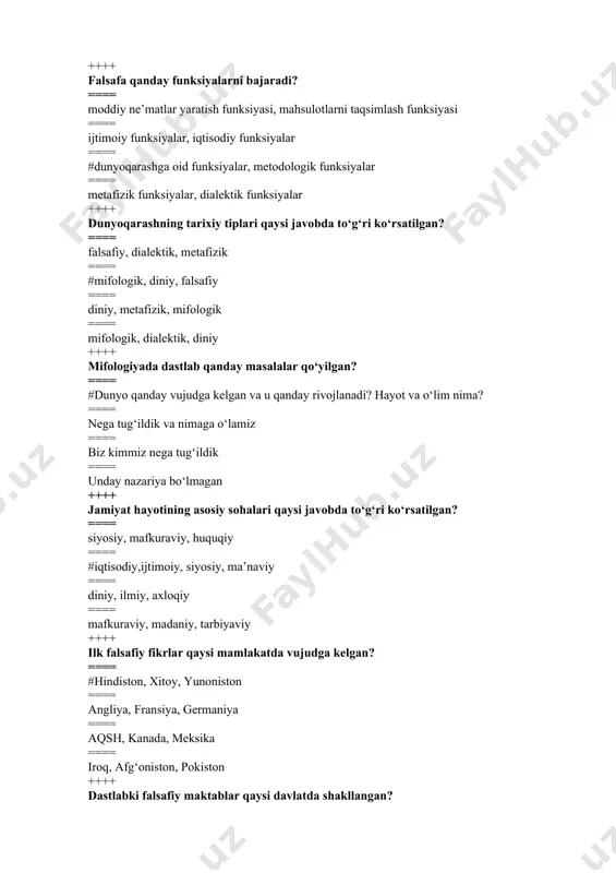 ilgan? ==== siyosiy, mafkuraviy, huquqiy ==== #iqtisodiy,ijtimoiy, siyosiy, ma’naviy ==== diniy, ilmiy, axloqiy ==== mafkuraviy, madaniy, tarbiyaviy ++++ ilk falsafiy fikrlar qaysi mamlakatda vujudga kelgan? ==== #hindiston, xitoy, yunoniston ==== angliya, fransiya, germaniya ==== aqsh, kanada, meksika ==== iroq, afg‘oniston, pokiston ++++ dastlabki falsafiy maktablar qaysi davlatda shakllangan? ==== #yunon ==== eron va turon ==== hindiston ==== xitoy ++++ olamning asosi turli unsurlardan iborat, deb hisoblagan dastlabki falsafiy maktabni aniqlang. ==== daosizm ==== jaynizm ==== #chorvaka ==== yoga ++++ qadimgi yunon falsafasi hind va xitoy falsafasidan qaysi xususiyatlari bilan farq qiladi? ==== #kosmotsentrik ==== diniy ==== geliotsentrik ==== gumanistik ++++ «fozil odamlar shahri», «qonunlar haqida kitob» asarlarining muallifi kim? ==== bahouddin naqshband ==== jaloliddin rumiy ==== abu ali ibn sino ==== #abu nasr forobiy ++++ g‘azzoliy faylasuflarni qaysi uch kategoriyaga ajratgan. ==== # ateistlar, panteistlar, monistlar ==== dialektikalar, metafiziklar, daxriylar ==== daxriylar, tabiatshunoslik, metafiziklar ==== panteistlar, ilohiyotchilar, dialektlar ++++ naqshbandiyning …
