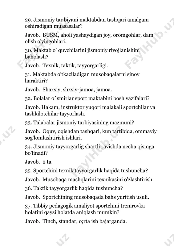 h bilan ahamiyatli bo’lgan sport turlarini aniqlang? javob. kamondan otish. 84. mashg`ulotning qaysi qismida chaqqonlikni tarbiyalashga doir mashqlar bajariladi? javob. mashg'ulot asosiy qismining boshlanishida. 85. “jismoniy tarbiya bilan shug`ullanganda hech qanday dori darmonga xojat qolmaydi” deganda harakat haqida kimning so’zlari ko’zda tutilgan? javob. ibn sino. 86. “harakat – hayot boyligi” degan jumla kimga tegishli ekanini aniqlang? javob. aflotun. 87. “rivojlanish aqliy, estetik, ruhiy rivojlanish qatori jismoniy tomondan ham to’lig`icha garmonik bo’lishi kerak” degan jumla kimga tegishli ekanini aniqlang? javob. p. f. lesgaft. 88. qanday printsip qiziquvchanlikni doimiyligini va fikrlashni shakllantiradi? javob. onglilik va faollilik. 89. egiluvchanlik nimaga bog`liq? javob. kuch mashqlari. 90. jismoniy tarbiya mashg`ulotining tuzilishi? javob. jismoniy tarbiya mashg'uloti tayyorlov, asosiy, yakuniy qismdan iborat. 91. mashg`ulotning qaysi qismida frontal metodidan vosita sifatida foydalaniladi? javob. mashg'ulotning tayyorlov va yakuniy qismlarida. 92. jismoniy mashqlarni o’rgatish metodlari? javob. so'z, ko'rgazmali,o'yin, zamonaviy metod, mashqlarni me'yorlash metodlari. 93. jismoniy tarbiya jarayonida bolalarning mashg`ulotni o’zlashtirganligini …