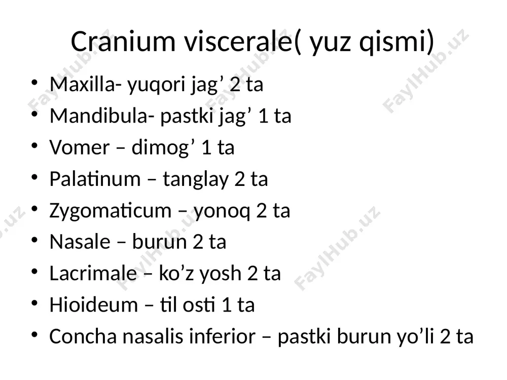 nroq b.di. ponasimon suyak- os sphenoidale 4 ta qismdan iborat: ala major ala minor corpus processus ptrygoideus kichik qanotning 4ta chekkasi bor: oldingi chekkasi- peshona suyagining pars orbitalis b.n qo’shilib, ko’z kosasining yuqori devorini h.q. orqa chekkasi- oldingi va o’rta kalla chuqurchalariga chegara hisoblanadi. yuqori chekkasi- miyaga qaragan. pastki chekkasi- katta qanot b.n birga fissura orbitalis superiorni h.q. katta qanotlari- ala major 4ta yuzasi bor fac.cerebralis fac.orbitalis fac.maxillaris fac.temporalis tanasining 6ta yuzasi bor: oldingi, orqa, orqa, yuqori, pastki, 2 ta yon tanasining ichida havo saqlaydigan bo’shliq b.b, yuq. burun yo’liga ochiladi. qanotsimon o’siqlar- processus ptrygoideus medial plastinka- burun bo’shlig’ining lateral devorini h.q.da qatnashadi. lateral plastinka- qanot- tanglay chuqurchasini h.q da qatnashadi. ponasimon suyakda joylashgan kanallar va teshiklar. canalis opticus- bundan nervus opticus va arteria oftalmica fissura orbitalis superior- bundan 4ta nerv o’tadi. 3 shoxli nervning 1-shoxi n.oftalmicus n.occulomotorius- iii juft nerv n.trochlearis- iv juft nerv n.abducens- vi juft nerv foramen …