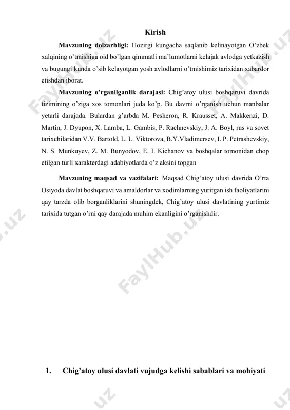 erak bolgan. agar davlat boshligi o’z hukumatida aniq va hal qiluvehi sozni ayta oladigan, chingizxon yasoqlariga amal qiladigan kuchli shaxs bolsa davlatni deyarli mustaqil boshqara olgan. ushbu davrda ulus xonining qat’iy belgilangan quyidagi oliy huquqlari va vazifalari mavjud bolgan. 2. chig’atoy ulusi davrida o’rta osiyoda davlat muassasalari xon o'zi boshqarayotgan urug'ning oliy hokimiyat egasi sifatida mamlakat hududiga, ulus tarkibiga kiruvchi barcha oziga qarashli yerlardagi aholiga ega bolib, uning asosiy vazifasi va eng muhim majburiyati davlatni tashqi dushmanlardan himoya qilish edi. xonlar boshqa hududlarga urush e’lon qilish huquqiga ega bo'lgan va bu urushda qo'shinning eng asosiy qismini boshqargan. 3. xonlarning chet davlatlar bilan oliy darajada muzokaralar olib borishi mumkin bo'lgan, bu ularning davlat tashqi siyosati yo'nalishini belgilash vazifasi ko'rsatgan. 4. xon o'ziga bo'ysunuvchilar orasida aybdorlarni o'limga hukm qilishi mumkin bo'lgan bu uning oliy hakam lik vazifasini belgilagan. 5. nihoyat, xonlar qonun chiqarish va bu qonunlarga barcha jamiyat a’zolari bo'ysunishi ko'rsatilgan, bu …