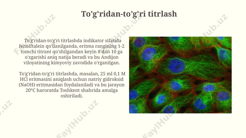 tijalar olinadi. tajriba xatolarini kamaytirish usullari reagenlarni tayyorlash va saqlash sharoitlariga qat’iy rioya qilish, masalan, 25±1°c haroratda va qorong‘i joyda saqlash, xatoliklarni 5% gacha kamaytiradi. xalqaro standartlarga mos keladigan reaktivlardan foydalanish zarur. tajriba xatolarini kamaytirish uchun aniq o‘lchov asboblaridan, masalan, 0.01 ml gacha aniqlikdagi byuretkalardan va 100 ml hajmdagi o‘lchov kolbalaridan foydalanish, toshkentdagi standartlashtirish markazining tavsiyalariga amal qilish muhim. e'tiboringiz uchun rahmat @taqdimot_robot image2.jpg image3.jpg image4.jpg image5.jpg image6.jpg image7.jpg image8.jpg image9.jpg image10.jpg image11.jpg image12.jpg image13.jpg image14.jpg image15.jpg image16.jpg image17.jpg image18.jpg