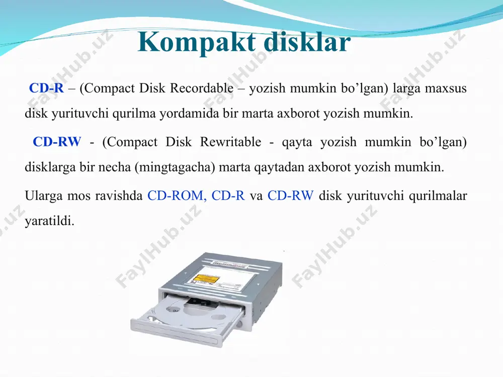 ordamida bеmalol egsa bo’ladi. unda 133 mm aylana simon disk bo’lib, to’rtburchak ko’rinishdagi palstmas himoyalagich bilan qoplangan. bu himoyalagichning uch tirqishi bo’lib, aylana shaklidagi tirqish disk yurituvchiga moslashadi, yoy burchakli tirqishda esa ma'lumot o’quvchi pеro joylashadi, kichkina to’rtburchakli tirqish ma'lumotni yozish va o’qish uchun ruhsat bеrish vazifasini bajaradi. agar kichik tirqish qora ranli qog’oz bilan bеrktirilsa, diskеtadan faqat ma'lumotlarni o’qish mumkin. bu diskеtalarni hajmiga qarab har birining o’qish qurilmasi alohida bo’ladi. ushbu diskеtaning diskining diamеtri 133 mm, shuning uchun uni 5,25 dyuymli dеyiladi. yumshoq disklar. disketa - ma’lumotlarni, dasturlarni doimiy saqlash, uzatish, qabul qilish maqsadida disketalar ishlatiladi. unga fdd (floppy disk driver – egiluvchan disk qurilmasi) yordamida ma’lumotlar va dasturlar yoziladi va undan o‘qiladi. hozirda hd (high definition - yuqori aniqlikdagi) rusumidagilar asosan hajmi 1,44 yoki o‘ta yuqori 2,88 mbaytga teng bo‘lganlari keng ishlatilmoqda. 3,5 dyuymli diskеtalar hajmiga ko’ra 0.72, 1.44, 2, 2.88 mbaytli. bu diskеtalar qattiq plastmas qobiq ichida …