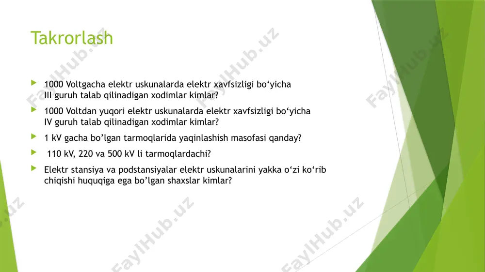 lgan ishga muvofiq ekanligiga javobgardir. korxona ma’muriy-texnik xodim ekspluatatsiya qiluvchi elektr xavfsizligi bo‘yicha iv guruhga ega navbatchi xodim tarkibiy bo‘limidagi elektr xavfsizligi bo‘yicha v guruhga ega shaxs ish rahbari — ish rahbari qilib elektr xavfsizligi bo‘yicha v guruhga ega bo‘lgan muhandis-texnik xodimlar tayinlanishi kerak. agar bajarilayotgan ish ba’zi bosqichlarda ish rahbaridan uzluksiz nazorat va ish rahbari boshchiligida bajarilishini talab qilsa, u holda naryad beruvchi naryadning «alohida ko‘rsatmalar» deb qayd etilgan satriga bu haqda yozib qo‘yishi kerak ish rahbari javobgarligi naryadda ko‘rsatilgan barcha xavfsizlik choralarining bajarilishi va uni yetarliligi ijozat beruvchi va ishboshi tomonidan brigada a’zolariga berilgan yo‘riqnoma to‘laligiga ijozat beruvchi va ishboshi tomonidan brigade a’zolariga berilgan yo‘riqnoma sifati ish jarayonida ishni xavfsiz olib borishni tashkil qilishga ish joyini tayyorlashga va ishlashga ijozat berishga ruxsat etuvchi shaxs — * ish bajarish uchun ko‘zda tutilgan elektr uskunani o‘chirish * yerga ulagich o‘rnatish, * ularni amalga oshirish imkoniyat choralarining yetarligicha borligiga, * ishga …