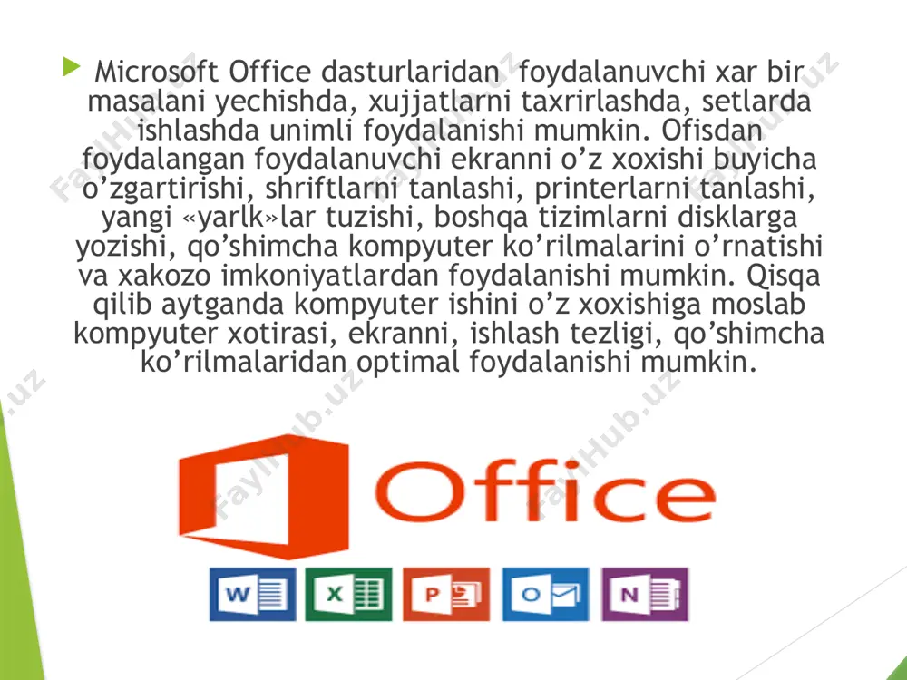 i dasturlar kiradi: ms word- har xil ko’rinishdagi oddiy va murakkab matnlarni taxrirlashga muljallangan matn muxxarri. ms excel- har ko’rinishdagi hisob-kitobli ma‘lumotlar bilan ishlashga muljallangan elektron jadvalli dastur. ms powerpoint- ma‘lumotlarni taqdimot, reklama qilishga muljallangan taqdimot dasturi. ms access- ma‘lumotlar ombori (bazasi) bilan ishlashga muljallangan dastur. ms publisher- xar xil tipdagi noshirlik ishlarini bajarishga muljallangan muxarrir dastur. ms outlook- elekton pachtadan foydalanishga muljallangan dastur va xakazo. office dasturlar paketini o’rnatishda yuqorida ko’rsatilgan dasturlarni tanlash orqali, ya‘ni keraklisini o’rnatish orqali kompyuter qattiq diskidagi joyni tejash mumkin. microsoft word matn muharriri windows operatsion tizimida ishlashga mo’ljallangan amaliy dasturlardan biri. uni ishga tushirish uchun biz пуск menyusiga kirib программы bo’limni tanlaymiz va shu bo’limda microsoft word dasturni tanlaymiz, yoki с: diskdagi programm files ichidagi microsoft office papka ichidagi winword.exe faylni ishga tushiramiz. natijada dastur ishga tushadi. dastur ishga tushgach siz ekranda uning oynasini ko’rasiz. oynaning asosiy qismlari bu nom satri, menyu satri, yordamchi …