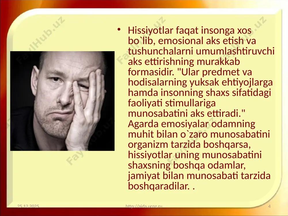 am olib borishi mumkin. ayrim havaslar ancha barqaror bo`lib, uzoq davom etadi va kishini hayajonlantirib, nisbatan osoyishta o`tadi. lekin shunday his-tuyg`ular ham borki, ular kimda paydo bo`lmasa, uni ayniqsa, kuchli va chuqur larzaga keltiradi. psixologiyadagi bunday emosional holatlarni stressli (zo`r berish) holatlar deb atash qabul qilingan. stress - odamni kuchli, chuqur larzaga keltiradigan his-tuyg`ular oqibatidagi emosional holat. ular kuchli psixik zur berishlarda: xavf - xatar vaqtida, ortiqcha jismoniy va aqliy mehnat qilishda, faoliyatning juda qiyin va mas`uliyatli damlarida vujudga keladi. ko`p narsani boshidan kechirsa ham, lekin passiv bo`lib qoladigan o`z tuyg`ulariga muvofiq ravishda harakat qilish uchun hech bir chora-tadbir ko`rmaydigan kishilarni esa sentimental kishilar deb ataydilar. odamning ko`proq uchrab turadigan psixik holatlariga qarab, jahldor, quvnoq, ma`yus kishilarga ajratish mumkin. ma`naviy his-tuyg`ular shaxsni jiddiy xarakterlab beradi. agar ular kishini muayyan ijobiy harakatlarga undaydigan bo`lsa, bu hol shaxsning yuksak ma`naviy darajaga ega ekanligidan dalolat beradi. qarama-qarshi his-tuyg`ularning kishilarga g`arazgo`ylik va hatto nafrat …