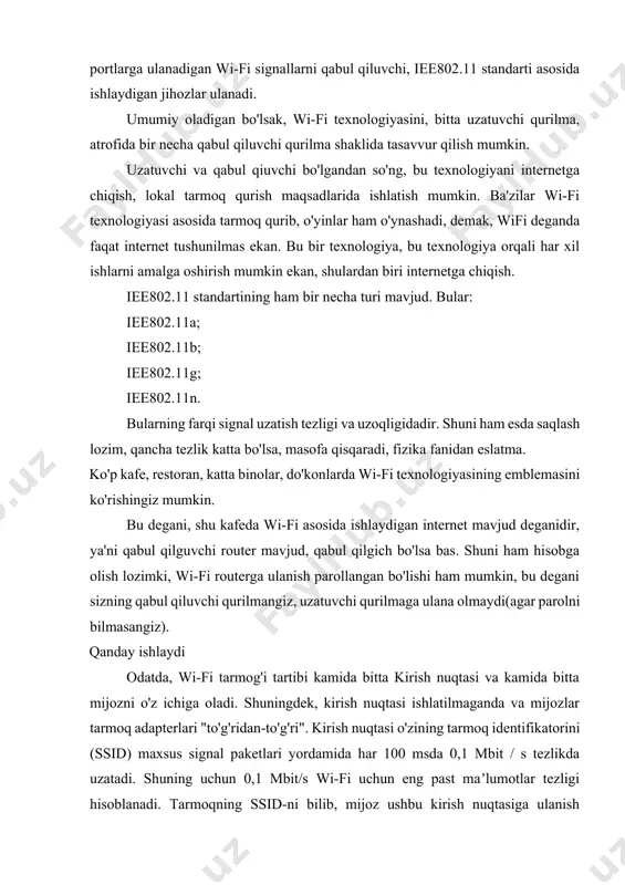 higa oladi. shuningdek, kirish nuqtasi ishlatilmaganda va mijozlar tarmoq adapterlari "to'g'ridan-to'g'ri". kirish nuqtasi o'zining tarmoq identifikatorini (ssid) maxsus signal paketlari yordamida har 100 msda 0,1 mbit / s tezlikda uzatadi. shuning uchun 0,1 mbit/s wi-fi uchun eng past maʼlumotlar tezligi hisoblanadi. tarmoqning ssid-ni bilib, mijoz ushbu kirish nuqtasiga ulanish mumkinligini bilib olishi mumkin. bir xil ssidga ega ikkita kirish nuqtasi qamrov zonasiga kirsa, qabul qiluvchi signal kuchi ma'lumotlariga asoslanib, ular orasidan tanlashi mumkin. wi-fi standarti mijozga ulanish mezonlarini tanlashda to‘liq erkinlik beradi. ishlash prinsipi standartning rasmiy matnida batafsilroq tavsiflangan[11]. biroq, standart wi-fi simsiz mahalliy tarmoqlarini qurishning barcha jihatlarini tavsiflamaydi. shu sababli, har bir uskuna ishlab chiqaruvchisi bu muammoni o'ziga xos tarzda hal qiladi, u yoki bu nuqtai nazardan eng yaxshi deb hisoblagan yondashuvlarni qo'llaydi. shuning uchun simsiz lokal tarmoqlarni qurish usullarini tasniflash zarurati tug'iladi. kirish nuqtalarini yagona tizimga birlashtirish usuliga ko'ra biz quyidagilarni ajratib ko'rsatishimiz mumkin: · avtonom kirish nuqtalari …