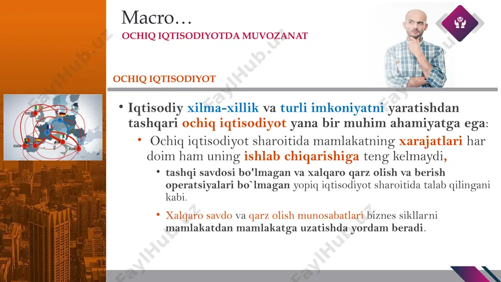 ng importini = tovarlar savdo balansi xalqaro xizmatlar savdosi (transport, turizm, sug'urta, ta'lim, moliyaviy xizmatlar) ham muhimdir chet eldan olingan sof daromad (sd) investitsiya daromadi - bu mamlakat rezidentlari chet elda joylashgan aktivlardan olinadigan foizlar, dividendlar va royalti. sft va chet eldan olingan sof investitsiya daromadi teng tushunchalardir. bir tomonlama pul o'tkazmalari (transfertlar) (st) masalan, rasmiy chet el yordami (bir hukumatdan boshqasiga to'lov) yoki bir mamlakat rezidentidan boshqa mamlakatda yashovchi oila a'zolariga pul o'tkazmasi.. joriy hisob balansi = nx+sd+(st) positive current account balance implies current account surplus negative current account balance implies current account deficit in particular, by importing more than they export and borrowing from abroad to pay for the difference, the residents of an open economy can temporarily spend more than they produce. ‹#› macro… ochiq iqtisodiyotda muvozanat ochiq iqtisodiyot in particular, by importing more than they export and borrowing from abroad to pay for the difference, the …