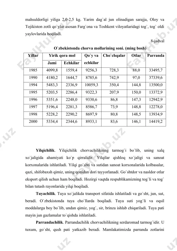 to`qishda ishlatiladi. parrandachilik. parrandachilik chorvachilikning serdaromad tarmog`idir. u tuxum, go`sht, qush pati yatkazib beradi. mamlakatimizda parranda zotlarini yaxshilasi va rivojlantirish, go`sht va tuxum yetishtirishga ko`ra rayonlashtirish yaxshi yo`lga qo`yilgan. pillachilik. qishloq xo`jaligining qadimiy va istiqbolli tarmoqlaridan biri bo`lgan pillachilik ham mamlakatimiz iqtisodiyotida katta o`rin tutadi. o`zbekiston jon boshiga pilla yetkazish bo`yicha jahonda birinchi, umumiy hajmi bo`yicha beshinchi o`rinda turadi. 9-jadval chorvachilik mahsulotlarini ishlab chiqarish (ming tonna) yillar go`sht sut tuxum(mln. dona) jun pilla 1980 330,5 2265,5 1460,6 20,7 30,3 1990 484,4 3034,2 2452,9 25,8 32,8 1994 285,0 3732,0 1574,0 24,9 22,9 1995 477,7 3665,4 1231,8 19,5 23,7 1996 485,2 3390,3 1056,9 16,6 21,7 1997 461,0 3406,0 1075,3 15,4 20,9 1998 472,1 3494,9 1164,6 15,5 20,4 1999 478,5 3543,4 1242,5 15,6 17,9 2000 841,8 3632,5 1254,4 15,8 16,5 2001 853,7 3667,2 1287,4 15,9 17,3 pillachilikning o`zbekiston iqtisodiyotida katta o`rin tutishini e`tiborga olib 1998 yil 30 martda o`zbekiston prezidenti “respublika pillachilik sohasini …