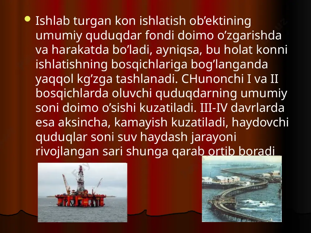 pressiyasi, haydovchi quduqlar tubidagi bosim bilan qatlam bosimi g’rtasidagi farqini - bosim repressiyasi deb yuritiladi. umuman qatlam bosimi bilan quduqlar tubidagi bosim farqi (perepad davleniya) qatlamlar-dagi suyuqlikni yurituvchi asosiy kuchdir. barqaror ishlash rejimida quduqlarning mahsuldorligi shu bosim farqi bilan bevosita bog’langan. oluvchi yoki haydovchi quduqdar uchun bunday bog’liqlik quyidagicha ifodalaniladi: qc=k1 (pk.j.-rk.o.) w=k11(rk.x1-rk.j.) oluvchi (a) va haydovchi quduqlar (b) indikator diagrammalari. gaz qudug’ining indikator diagrammasi. qr-gaz qudug’i debiti, rq.j-qatlamning joriy bosimi, rq-quduq tubidagi bosim. oluvchi neft qudug’i tadqiqoti natijalari rejim-lar rk.t., mpa 9,t/sut quduq bo’yicha jami i-qatlam ii-qatlam iii-qatlam 1 17,50 191 61,2 43 86,8 2 17,66 162 51 35 76 3 17,91 115 35 21 59 4 18,17 69 19 7 43 donadorlik tarkibi donadorlik tarkibini elash (a) va sedimentatsiya (b) usulida aniqlash 1 - shisha tayoqcha; 2 - ip; 3 - silindrik idish; 4 - shisha lappak (disk); 5 – o’lchov mikroskopi. sedimentatsiya usuli bilan aniqlash uchun juda …