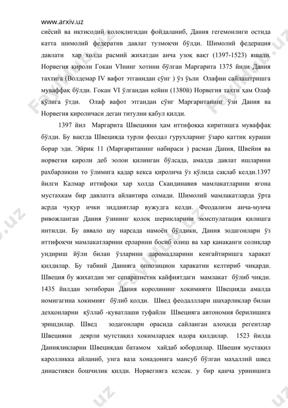 ияга келсак. у бир қанча уринишига қарамай, дания зулмидан узоқ вақтгача халос бўла олмади. дания-норвегия иттифоқи фақат 1814 йилда бархам топиб, норвегия даниядан озод бўлди ва лекин шу оннинг ўзидаёқ (буюк давлатлар тазйиқи остида) швеция билан бирлашди. швеция иттифоқида бутун бир аср яшади. швецияда феодал муносабатларнинг ривожланиши даниядагига қараганда секинроқ борди. швецияда уруьчилик муносабатлари узоқ сақланган эди. аҳолининг нисбатан сийраклиги, дехқончилик учун ерларни нисбатан камлиги аксинча тоь ва ўрмонли массивларнинг мўллиги булранинг ҳаммаси йирик феодал ер эгаларининнг ривожланишини қийинлаштирган эди. аҳоли асосий оммаси деярли то ўрта асрларнинг охиригача мустақил эркин жамоатчилар холатини сақлади. ўрта аср швециясида турли хил жамоа ерларининг мўллиги ҳам эoтиборни жалб этади. швецияда жамоа ери бир неча хил бўлади. ўрта асрлар давридаёқ мавжуд бўлган уруьчилик сарқитлари кўрсатилган эди. шведларнинг одолp хуқуқи деб аталган хуқуқини, яoни ер эгаси дехқон томонидан сотиладиган ерни сотиб олишга кўпроқ уруьдошлар хақли эдилар. энг катта ер эгалиги жанубий швецияда тарқалган бўлиб, бу ерда …
