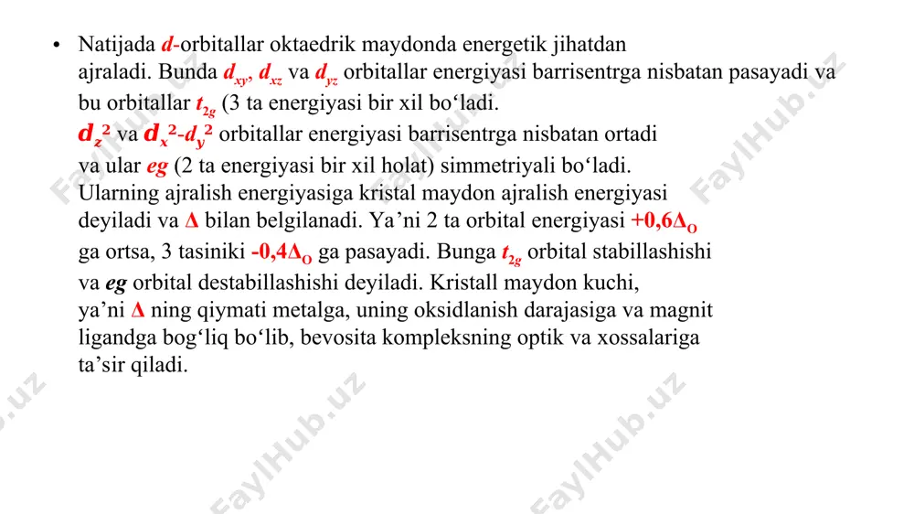 ydon ajralihsh energiyasi δo qiymati bogʻliq boʻlgan omillar haqida aytib oʻtilgan edi. quyida usbu omillar haqida toʻliqroq toʻxtalamiz. metal ionining zaryadi qanchalik katta boʻlsa, δo qiymat shuncha katta boʻladi. masalan, [co(h2o)6]3+ kompleksi quyi spinli hamda [co(h2o)6]2+ kompleksi yuqori spinli. metallning tabiati. δo qiymati ikkinchi va uchinchi qator delementlari ionlarida birinchi qator d-elementlari ionlariga qaraganda katta. shuning uchun ogʻirroq d-elementlar komplekslari quyi spinli boʻlishga moyil. masalan, 8 guruhda [ru(h2o)6]2+ kompleksi quyi spinli hamda [fe(h2o)6]2+ kompleksi yuqori spinli. ligand tabiati juda muhim boʻlib, ba’zi ligandlar kuchli maydon, boshqalari kuchsiz maydon hosil qiladi. kuchli maydonli ligandlar energiya jihatdan katta ajralishga olib keladi va kuchsiz maydonli ligandlar energiya jihatdan kichik ajralishga sabab boʻladi. ligandlarning bu qatoriga spektrokimyoviy qator deyiladi. yuqoridagi qatorda yodid ligandidan karbonil ligandiga qarab maydon kuchi ortadi va quyi spinli kompleks hosil boʻlish energetik qulay hisoblanadi. ligand tabiati kompleksning quyi yoki yuqori spinli boʻlishiga ta’sirini [cr(h2o)6]2+ kompleksi misolida koʻrish mumkin. spektroskopik tadqiqotlar …
