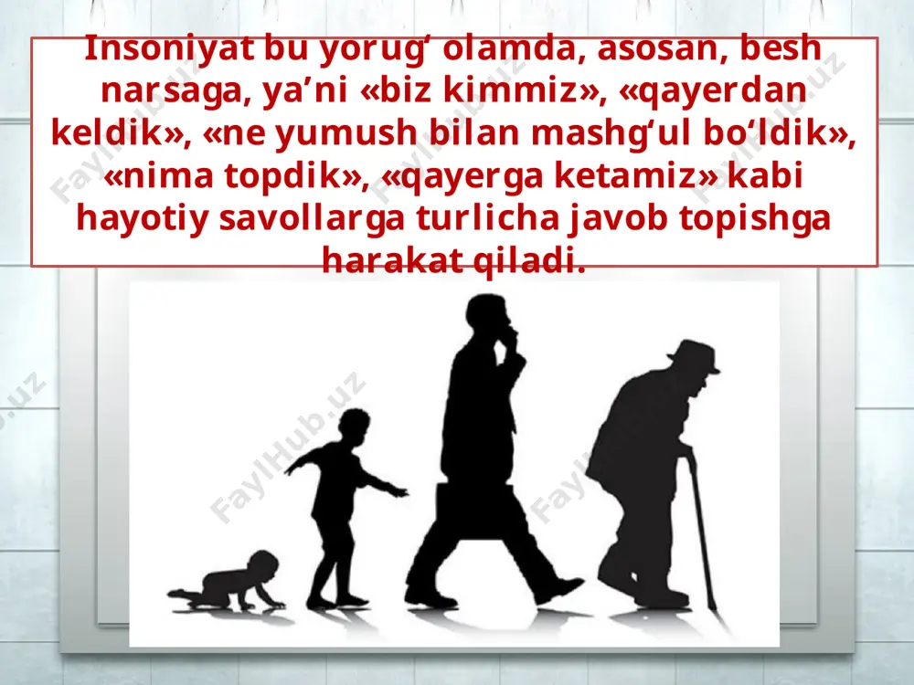 qiyinchilik, muammolarni bartaraf etishda o‘zlashtirilgan bilim, ko‘nikma va malakalari unga doimo asqotadi. bilim olish, foydali kasb o‘rganishdan boshqa g‘ami bo‘lmagan beg‘ubor yoshlik damlarini, iqtidorli qobiliyat va o‘tkir zehnini bo‘lmag‘ur va foydasiz ishlarga sarflash - har bir kishi uchun o‘zini-o‘zi kechira olmaydigan xatolardandir. savol va topshiriqlar: 1. o‘zlikni anglashda tarixiy xotira, ilm-fanning o‘rni qanday ahamiyat kasb etadi? 2. inson nima uchun o‘zligini anglashi lozim? 3. o‘zlikni anglash va inson ma’naviyati o‘rtasida qanday bog‘liqlik bor? 4. quyidagi hikmatlarni o‘qing, ularni mazmun mohiyatini o‘zlikni anglash tushunchasi bilan bog‘lab ko‘ring. image4.jpeg image5.jpeg image6.jpeg image7.jpeg image8.jpeg image9.jpeg image10.jpeg image11.jpeg image12.jpg image13.jpeg image14.jpeg image15.jpeg image16.jpeg image17.jpeg image18.jpeg image1.jpeg image2.jpeg image3.jpeg