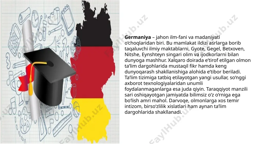 alar amal qiladi. germaniyada maktab taʼlimi majburiy va bepul. 6 yoshdan 18 yoshgacha fuqarolar majburiy tartibda taʼlim olishi shart qilib belgilangan. maktab taʼlim tizimi esa boshlang‘ich, o‘rta va yuqori bosqichlarga bo‘linadi. bolalar 5-6 yoshdan boshlang‘ich maktabga qatnaydi. boshlang‘ich maktabda o‘qish davri to‘rt yildan olti yilgacha. maktablarda birinchi, ikkinchi sinf davomida o‘quvchilarga baho qo‘yilmaydi. o‘qituvchilar baho o‘rniga bolaning individual, psixologik rivojlanish holati xususida hisobot tayyorlaydi. o‘quvchilarga 3-sinfdan baho qo‘yila boshlaydi. germaniyada 6 ballik baholash tizimi qabul qilingan. bunga ko‘ra, 1 – aʼlo; 2 – yaxshi; 3 – qoniqarli; 4 – yetarli; 5 – yetarli emas; 6 – qoniqarsiz. o‘quvchilar fanlarni eng kamida "4"ga o‘zlashtirishi kerak. boshlang‘ich bosqichda bolalarga matematika, nemis tili, tabiatshunoslik, musiqa, estetika fanlari o‘tiladi. tanlash imkoniyati tanlash imkoniyati olmon taʼlim tizimining o‘ziga xos xususiyati shundaki, o‘quvchilar boshlang‘ichni tugatgandayoq kelajak yo‘lini aniqlab olishi zarur. ana shunga asoslanib, u bir necha turdagi maktabdan birida o‘qishni davom ettiradi. asosiy maktab. bu yerda …