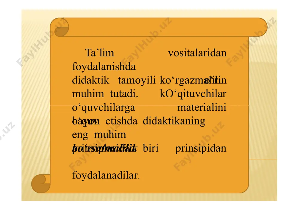 h usullari qo‘llaniladi: tajriba o‘tkazish kuzatish tabiiy ob’ektlarni o‘qitish jarayonida ular bilan ishlash uslublaridan asosiylaridir. modellar tabiiy ob’ektlarning sun’iy ko‘rinishi bo‘lib, ularning muhim sifatlari, aloqalari va munosabatlarini qayta takrorlaydigan o‘quv ko‘rgazmali qo‘llanmalar hisoblanadi. haqikiy ob’ekt (mikro va makro ob’ektlar) xususiyatlarini ko‘rsatishda shartlilik (ramziylik)ka amal qilinadi, o‘lchamni kattalashtirish yoki kengaytirish orqali ob’ekt qurilmasi sxema tarzida aks ettiriladi. modellarning eng keng tarqalgan tipik turlari bu moddiy (predmet) modellardir. modellar o‘z hajmiga ega yoki tekis modellarga bo‘linadi. ularning oralig‘ida relef jadvallar joylashgan. hajmga ega modellar tarkibiy qismlarga bo‘linishi mumkin. hajmga ega bo‘lgan modellar sirasiga quyidagilar kiradi: mulyaj maketlar mulyaj (maket)lar moddiy ob’ektlarga aynan o‘xshatish yaratilgan qo‘llanmalardir. kompozitsion - rasm va fotosuratlar; grafikli: (chizma, diagramma, sxema va boshqalar): belgili - ramziy formula, harf va so‘zlar bilan ifodalanuvchi. so‘nggi paytda elektrlashgan jadvallar keng qo‘llanilmoqda, ya’ni, stendlar, xavfsizlikka oid texnikalar. o‘qitish vositalari orasida oxirgi paytda eng ko‘p qo‘llanilaettan vositalar - bu plakatlardir. ekran va ekran - …