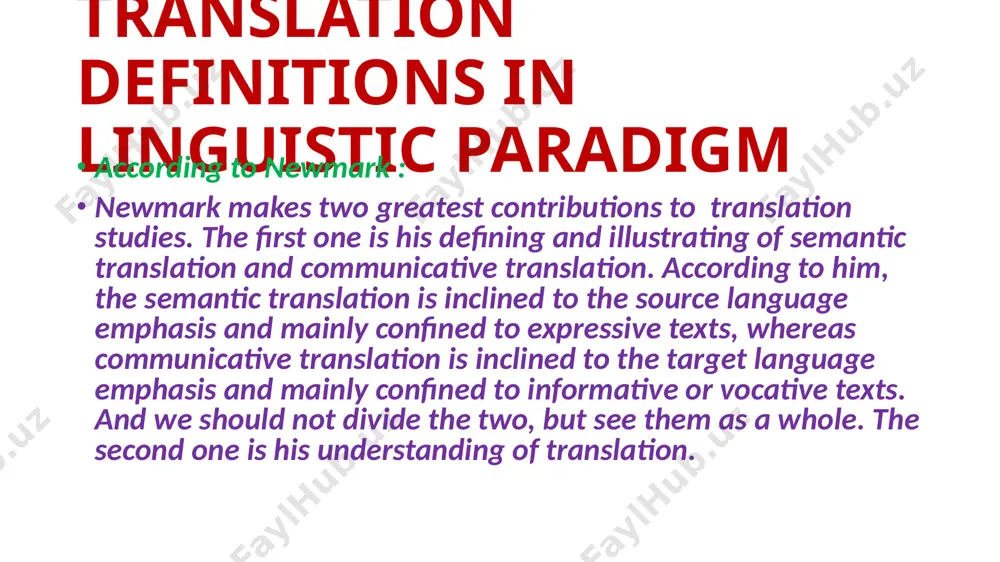 t and language are readily acceptable and comprehensible to the readership 9. full vs partial translation in a full translation the entire text is submitted to the translation process; that is, every part of the source language text is replaced by target language text material in a partial translation, some part or parts of the source language text are left untranslated; they are simply transferred to and incorporated in the target language text. what is interpreting ? interpretation, on the other hand, is the oral process of converting spoken words from one language into another in real-time. interpreting typically happens in live settings, such as conferences, meetings, diplomatic discussions, courtrooms, or during medical consultations. interpreters often work under pressure because they have to convey the message almost immediately, with little to no time for preparation. types of interpreting simultaneous interpreting consecutive interpreting whisper interpreting scheduled telephone interpreting 1. simultaneous interpreting …