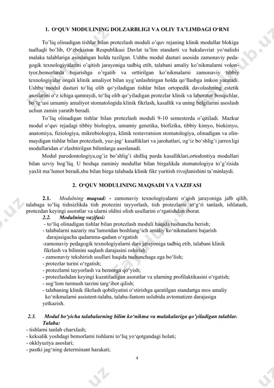 rotezlarni tayyorlash va bemorga qo‘yish; - protezlashdan keyingi kuzatiladigan asoratlar va ularning profilaktikasini o‘rgatish; - sog‘lom turmush tarzini targ‘ibot qilish; - talabaning klinik fikrlash qobiliyatini o‘stirishga qaratilgan standartga mos amaliy ko‘nikmalarni assistent-talaba, talaba-fantom uslubida avtomatizm darajasiga yetkazish. 2.3. modul bo‘yicha talabalarning bilim ko‘nikma va malakalariga qo’yiladigan talablar. talaba: - tishlarni tanlab charxlash; - keksalik yoshdagi bemorlarni tishlarni to‘liq yo‘qotgandagi holati; - okklyuziya asoslari; - pastki jag‘ning determinant harakati; - okklyuziyani shakllanish asoslari; - chaynov va yutish aktlarining asoslari; - implantatlar yordamida tish protezlarini fiksatsiyalovchi va implantatlar yordamida ushlab turiluvchi kontruksiyalarning klinik protokollari; - to‘liq olib qo‘yiladigan protezlarga implantatlarning ta’siri; - implantatlarga keskin bosim beruvchi to‘liq olib qo‘yiladigan tish protezlari; - implantatlar yordamida protezlashning zamonaviy yo‘nalishlari va istiqbollari haqida tasavvurga ega bo’lishi; -o’quv, ilmiy va ma’lumot adabiyotlari bilan mustaqil ishlash,amaliy ko’nikmalarni mustaqil bajarish, test va vaziyatli masalalarni yechish; - fantom modellarda tishlarni tanlab charxlashni; - ortopedik stomatologiya amaliyotida qo‘lladigan funksional tekshirish …