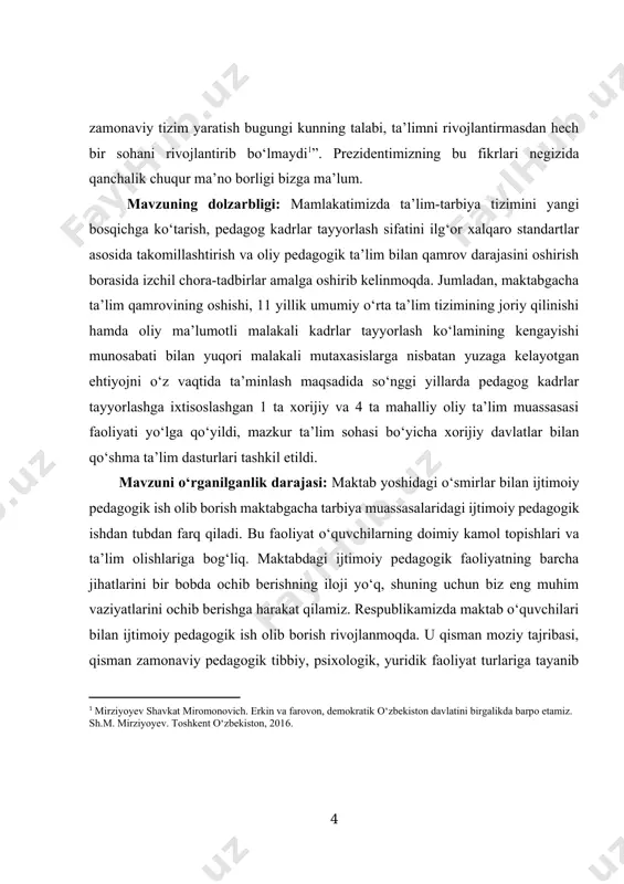 b, o‘z tarbiyaviy ishini olib borishida ota-onalar bilan hamkorlik qiladi. hamkorlik yuzasidan seksiya, klublar, har xil mehnat, turistik bo‘linmalar tashkil qiladi. ijtimoiy pedagog pedagogik jamoaning tarbiyasi og‘ir o‘smirlar bilan ish olib borishini tartibga soladi. u maktab pedagogik jamoasiga doimiy tarzda sinfdagi psixologik muhit to‘g‘risida axborot beradi. aynan shu holat maktabda ijtimoiy ish olib borishning rejasini tuzishda muhim ahamiyatga ega. yangi o‘zbekistonda pedagogika fanini innovatsion rivojlantirish istiqbollari: nazariya va amaliyot ijtimoiy pedagog maktabdan haydalgan o‘smirlarga alohida e’tibor qaratishi kerak. kurs ishining vazifasi: maktabning asosiy ijtimoiy vazifasi o‘smirning ta’lim-tarbiya olishga bo‘lgan huquqini amalga oshirish hisoblanadi. zamonaviy maktab sharoitlarida o‘smirlarning ijtimoiy pedagogik himoyasi quyidagicha amalga oshmoqda: guruh ish natijalarini qanday taqdim etishini aniq bilishlari uchun o‘qituvchi tomonidan talabalarga yo‘riqnoma beriladi; maktab ma’muriyati, sinf rahbarlari, guruh tarbiyachilari, kam ta’minlangan oilalar farzandlariga moddiy yordam, bepul ovqatlanish tashkil qilishadi. sinf yangi o‘zbekistonda pedagogika fanini innovatsion rivojlantirish istiqbollari: nazariya va amaliyot rahbarlarning o‘smirning oiladagi holatini o‘rganishadi, qiyin …
