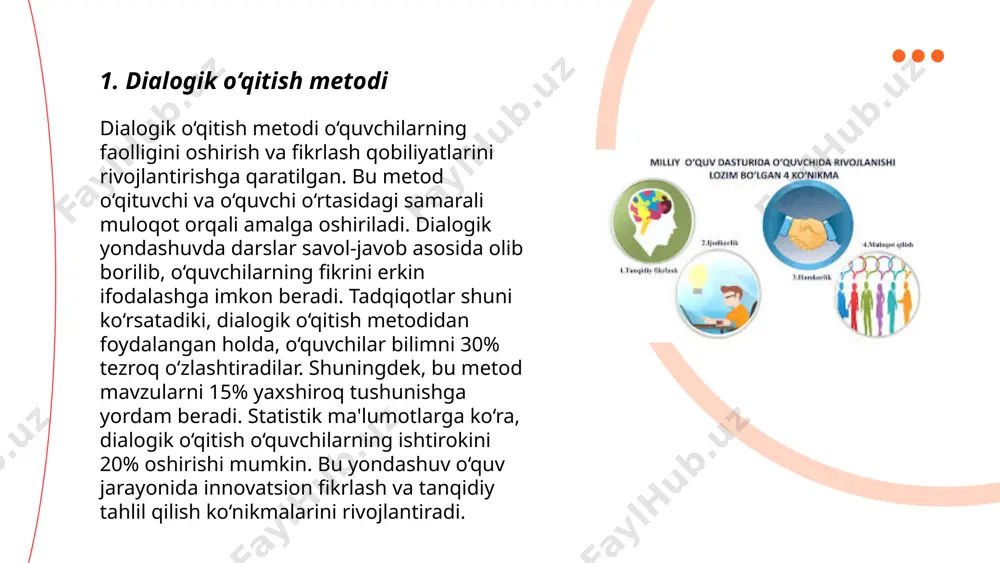 natijalarni yaxshilaydi. kichik guruhlar insonlarning ijtimoiy ko'nikmalarini o'sishini ham ta'minlaydi. ... t.me/slaydai_bot ko‘rgazmali o‘qitish metodi o‘quvchilar uchun muhim o‘quv vositasidir, chunki bu usul bilimlarni vizual materiallar yordamida oson tushunishga yordam beradi. ushbu metod orqali o‘quvchilar mavzuni yaxshiroq anglab olishadi, chunki inson miyasi vizual axborotni tezroq qabul qiladi va eslab qoladi. statistik ma'lumotlarga ko‘ra, insonlar vizual materiallar orqali olingan axborotning 65 foizini saqlab qoladi, bu esa eshitish orqali olingan ma'lumotdan ancha yuqori ko‘rsatkichdir. ko‘rgazmali o‘qitish metodi grafikalar, diagrammalar, suratlar va videotasmalar kabi vositalardan foydalanishni o‘z ichiga oladi va bu o‘quv jarayonini yanada samarali qiladi. ... t.me/slaydai_bot 7. harakatli o‘yinlar harakatli o‘yinlar bolalarning jismoniy rivojlanishini ta'minlashda muhimdir. ushbu o‘yinlar turli xil toifadagi 40 dan ortiq turlarga ega bo‘lib, ulardan ba’zilari: futbol, basketbol, voleybol va yugurish o‘yinlaridir. harakatli o‘yinlar bolalarda muvofiqlik, tezlik va kuchni rivojlantiradi. tadqiqotlar shuni ko‘rsatadiki, harakatli o‘yinlarda muntazam qatnashish orqali bolalarning jismoniy sog‘lig‘i 30% ga yaxshilanadi. bolalar kuniga kamida 60 …