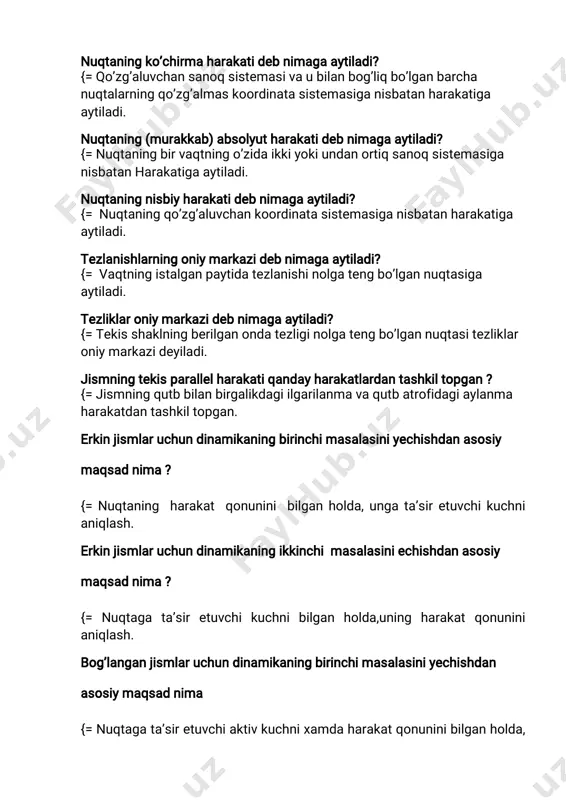 sadnima {=nuqtaningharakatqonunlarinivaungata’siretuvchiaktivkuchnibilgan holda,ungata’siretuvchibog’lanishreaksiyasinianiqlash; nuqtaningharakatmiqdoridebnimagaaytiladi? {=nuqtamassasiningtezlikvektorigabo’lganko’p’aytmagatengvektor kattalikkaaytiladi. nuqtaningkinetikenergiyasidebnimagaaytiladi? {=nuqtamassasiniuningtezligikvadratiko’p’aytmasiningyarmigateng skalyarkattalikkaaytiladi. dinamikadebnimagaaytiladi? {=jismlarningharakatinivabuharakatinivujudgakeltiruvchisabablarni birgao’rganadigannazariymexanikaningbirbo’limigadinamikadeyiladi. inertlikdebnimagaaytiladi? {= jismlarning kuchlar ta’sirida tezliginitez yokisekin o’zgarishini xarakterlovchixususiyatigaaytiladi. mexaniksistemadebnimagaaytiladi? {=bir-biribilanma’lum munosabatdabog’langanxamdaxarbir nuqtasiningharakativaholatiboshqanuqtalarningharakativaholatiga bog’liqbo’lgansistemamexaniksistemadeyiladi. tashqikuchlardebqandaykuchlargaaytiladi? {=mexaniksistemanuqtalarigakirmaydigannuqtayokijismlartomonidan ko’rsatiladiganta’sirkuchlaritashqikuchlardeyiladi. ichkikuchlardebnimagaaytiladi? {=sistemanitashkiletuvchinuqtalarningo’zarota’sirkuchlariichkikuchlar deyiladi. sistemaningharakatmiqdoridebnimagaaytiladi? {=sistemanitashqilkilganmoddiynuqtalarharakatmiqdorlarining geometrikyigindisigatengbo’lganvektorkattalikkaaytiladi. mumkinbo’lganko’chishdebnimagaaytiladi? {=sistemanuqtalariningberilganondatasavvurqilinadigancheksizkichik ko’chishigamumkinbo’lganko’chishideyiladi. sistema uchun dalamber prinsipining mohiyatiqaysijavobda to’g’ri keltirilgan? {=vaqtningistalganpaytidasistemagahaqiqatdata’siretuvchiichki,tashqi kuchlarqatorigainersiyakuchiqo’shilsahosilbo’lgankuchlarsistemasi muvozanatdabo’ladivaulargastatikaningbarchatenglamalariniqo’llash mumkin. 1.nazariymexanikanimanio’rgatadi? a.harakatqonunlarinio’rgatuvchifanganazariymexanikafanideyiladi. b.harakatturlarivaularningtraektoriyalarinio’rgatuvchifanganazariymexanikadeyiladi. s*.materialjismlarharakatining umumiyqonunlariva ularning muvozanatlari,s