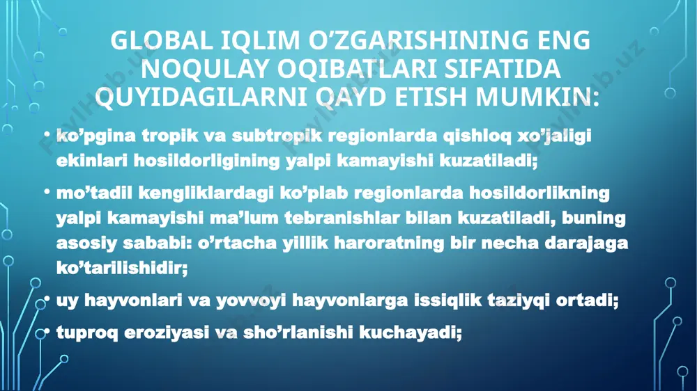 rishni – 2030 yilga kelib issiqxona gazlari solishtirma tashlanmalarini 2010 yildagi darajaga nisbatan (yalpi ichki mahsulotga) yalpi ichki mahsulot birligiga 10 foizga qisqartirishni mо‘ljallamoqda. mutaxassislarning fikriga kо‘ra, iqlim о‘zgarishi tufayli sodir bо‘lishi mumkin bо‘lgan oqibatlar qatorida quyidagilarni kо‘rsatish mumkin: - hozirgi yuz yillikning о‘zida okeanlar sathi 1 m kо‘tarilishi; - co2 konsentratsiyasi atmosfera havosida ortishi (1870 yildan beri uni miqdori 30 foiz ortdi); - yerning ustki qobig‘i harorati +0,7°s ga о‘zgargan (sо‘nggi yuz yil ichida). - suv resurslari taqchilligining kuchayishi, shuningdek hududlarda ichimlik suvining yetishmasligi hamda muzlik va qor qoplami kunlarining 7-10 kunga kamayib borishi, qurg‘oqchilik takrorlanishining kо‘payishi (hozirgi davrda har 10 yilning 3 yilida). - tabiiy ofatlarning ortishi – sellar, toshqinlarning tez-tez takrorlanishi (sо‘nggi 40 yil ichida tabiiy ofatdan bо‘lgan zarar miqdori 10 marotabaga oshgan); - о‘rtacha haroratning oshishi, yillik issiq davrlarning 10-15 kunga о‘sib borishi; - yog‘ingarchilikning yillik о‘rtacha darajasini mamlakatni butun hududi bо‘ylab pasayishi va ularning hududlar, …