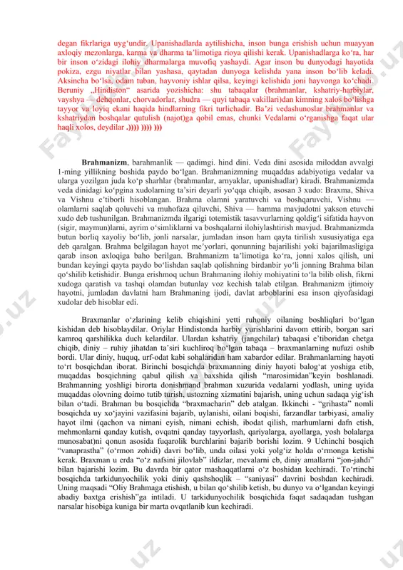 shqa barcha xudolar indraga bо‘ysunadilar. bu veda ilohiyotchiligiga xos bо‘lib, shu munosabat boshqa xudolarga ham tegishlidir. vedalarda xudolar osmon xudolari quyosh xudolari, havo xudolari, er xudolari, ayol xudolar kabi xudolar toifasi haqida madhiyalar bayon etilgan. osmon xudolari. dyaus, varna, indra kabi xudolar osmonlarni boshqarib turuvchilarga kirganlar. keyinchalik varuna suv va dengizlar xudosiga aylanib ketgan. quyosh xudolari. rigvedada quyosh energiyasining turlicha namoyon bо‘lishidan besh xudo yuzaga kelganligi haqida sо‘z yuritiladi. mitra (dо‘st) – qadimiy xudodir. surya – quyoshning yorqinroq namoyon bо‘lgan kо‘rinishidir. savitri -quyoshning quvvat beruvchi kuchida namoyon bо‘ladi. pushan muruvvatli bо‘lib, quyoshning mahsuldorlik faoliyatini о‘zida namoyon qiladi. vishnu xudolar orasida abadiy bо‘lib, hozir hindistonda ulug‘lanadi. yana ashvina va sitvar nomi bilan ataluvchi ikki tong xudosi qо‘shiladi. indra osmon podshosi va oriylarning milliy xudosidir. yomg‘ir xudosi panjaniya, shamol xudosi vayyular vedalarda aniq tasvirlanmagan. ular indra bilan jamlangan holda tasvirlanadi. runada odamlar qо‘rqib unga bag‘ishlab madhiya, duolar о‘qiganlar. u rigvedada shiva (yoqimli) …