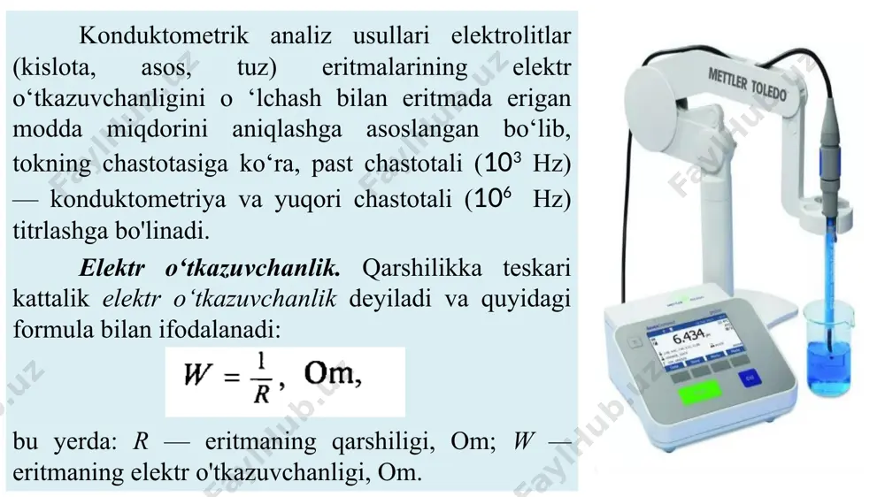 ar olib boriladi. konduktometrik titrlashda neytrallanish, oksidlanish-qaytarilish, cho'ktirish, kompleks hosil qilish, qaytar va qaytmas reaksiyalardan foydalanish mumkin. yuqori chastotali titrlash. yuqori chastotali titrlash usuli ham eritmaning elektr o'tkazuvchanligini o'lchashga asoslangan bo'lib, analiz qilinadigan eritma yuqori chastotali tebranish konturiga (elektr maydoniga) qo'yiladi. bunda tokning chastotasi megogers va bir necha ligogersga teng bo'ladi. elektr maydoniga joylashtirilgan eritmadagi ionlar kichik chastotada tebranadi. chastota amplitudasi oshirilganda ionlarning tebranishi kamayadi, oxirida ionlar harakat qilmay qo'yadi. ayni vaqtda yuqori chastota molekulalarni deformatsiyalab, deformatsion qutblanish hosil qiladi. qutblangan molekulalar yuqori chastotali o'zgaruvchan tok maydonida harakat qila boshlaydi, natijada oriyentatsion qutblanishni hosil qiladi. qutblanishning har ikkalasi eritmadagi ionlarning siljishiga sabab bo'ladi. natijada eritmada qisqa muddatli tok paydo bo'ladi. molekulaning qutblanishi eritmaning elektr o'tkazuvchanligini, dielektrik va magnit kirituvchanlik xususiyatini o'zgartiradi. yuqori chastotali titrlash asboblarining sxemasi konduktometrik (quyi chastotali) titrlash asboblari sxemasidan farq qilib, analiz qilinadigan eritma yacheykasi kondensator plastinkalari orasida yoki induktiv g'altak ichida joylashtiriladi (3- rasm). yuqori chastotali …