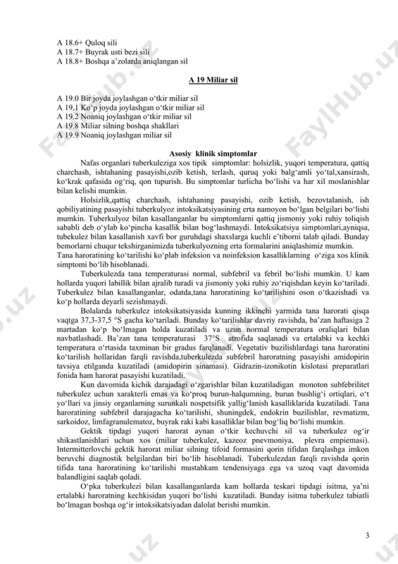 ri va teri osti yog‘ qavati sili a 18.5+ ko‘z sili a 18.6+ quloq sili a 18.7+ buyrak usti bezi sili a 18.8+ boshqa a’zolarda aniqlangan sil a 19 miliar sil a 19.0 bir joyda joylashgan o‘tkir miliar sil a 19.1 ko‘p joyda joylashgan o‘tkir miliar sil a 19.2 noaniq joylashgan o‘tkir miliar sil a 19.8 miliar silning boshqa shakllari a 19.9 noaniq joylashgan miliar sil asosiy klinik simptomlar nafas organlari tuberkuleziga xos tipik simptomlar: holsizlik, yuqori temperatura, qattiq charchash, ishtahaning pasayishi,ozib ketish, terlash, quruq yoki balg‘amli yo‘tal,xansirash, ko‘krak qafasida og‘riq, qon tupurish. bu simptomlar turlicha bo‘lishi va har xil moslanishlar bilan kelishi mumkin. holsizlik,qattiq charchash, ishtahaning pasayishi, ozib ketish, bezovtalanish, ish qobiliyatining pasayishi tuberkulyoz intoksikatsiyasining erta namoyon bo‘lgan belgilari bo‘lishi mumkin. tuberkulyoz bilan kasallanganlar bu simptomlarni qattiq jismoniy yoki ruhiy toliqish sababli deb o‘ylab ko‘pincha kasallik bilan bog‘lashmaydi. intoksikatsiya sim​ptomlari,ayniqsa, tubekulez bilan kasallanish xavfi bor guruhdagi shaxslarga kuchli e’tiborni …