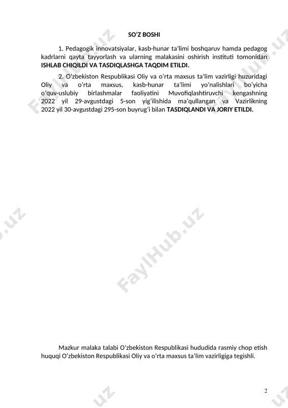 i hajmi va standart talablarini bajarilishi nazoratini belgilaydi. malaka talabi ta’lim oluvchilarning kasbiy tayyorgarligi sifati va kasbiy kompetensiyasini baholashda hamda ta’lim muassasalarini attestatsiyadan o‘tkazishda asosiy mezon hisoblanadi. mazkur talablarning bajarilishi professional ta’lim muassasalarining bitiruvchilariga professional ta’limning tegishli darajasini olganligi to‘g‘risida davlat namunasidagi hujjat berilishi uchun asos hisoblanadi. malaka talabi ta’limni boshqarish davlat organlari va ta’lim faoliyati sub’ektlari tomonidan, idoraviy bo‘ysunuvi va mulkchilik shakllaridan qat’iy nazar, tadbiq etilishi majburiydir. ushbu malaka talabi keng profildagi pardozlash ishlari ustasi (f.051.060.0068/б-20) kasblarining tasdiqlangan kasbiy standart talablari asosida ishlab chiqildi. 2. kasbiy ta’lim xususiyati 2.1. 40730302- qurilish-pardozlash ishlari ustasi kasbi doirasida beriladigan kvalifikatsiyalar: 1. keng profildagi pardozlash ishlari ustasi. kamida umumiy o‘rta ma’lumotga ega bo‘lgan shaxslar hisobidan shakllantirilgan guruhlarda tanlangan kvalifikatsiyalar sonidan kelib chiqib o‘qish muddati belgilanadi. bu guruhlarda kasb doirasida beriladigan kvalifikatsiyalardan birortasini muvaffaqqiyatli o‘zlashtirgan shaxslarga belgilangan namunadagi diplom beriladi va mehnat bozorida ishlash huquqi beriladi. egallanmagan kvalifikatsiyalarni qayta o‘zlashtirishga ruxsat beriladi va mazkur …
