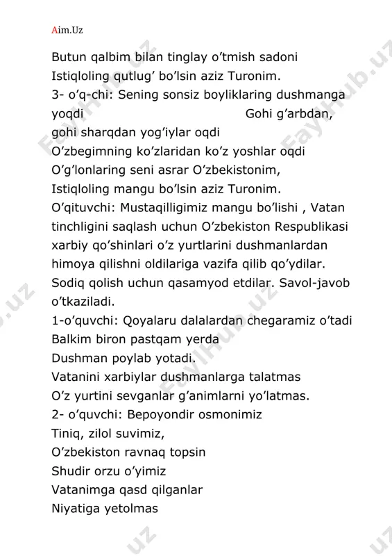 omonlar. o’qituvchi: vatandan qarzi bo’lar farzand deganning o’zining ramzi bo’lar har bir maskanning ho’sh nima degaysiz, ramzi turonning paxta-bug’doy barakasi o’zbekistonning boshida kulib turar quyoshi uning nuri bor keksayu- yoshida uning g’ubordan holidir zangor osmoni yam-yashil jannatdek bog’-u bo’stoni har doim shukurim bildirib qo’yib, yashayman pokiza yurtda vatanda takrorlayman har kun fidoyiligim bag’ishlay borimni vatanim uchun. raqs. o’zbekning o’g;lonlari botir bo’lsin, mard bo’lsin. vatan uchun shahidlarning poylaridan gul unsin. o’z yurtiga jonin fido qilganlarga ming rahmat ular nomi yuraklarda o’chmas deymiz toabad. shu bilan vatan himoyachilari kuniga bag’ishlab tayyorlagan tarbiyaviy soat o’z nihoyasiga yetdi.asrlar osha vatanimiz qudrati yanada yuksalaversin, hayotimiz farovon bo’lsin, va biz o’quvchilarimiz, ya’ni bolajonlarimiz bilan birgalikda shunday deymiz: o’zbekiston bu dunyoda yagona deymiz, ko’zimizning qarog’iday xo’p ardoqlaymiz. vatan haqida qo’shiq bilan yakunlanadi.