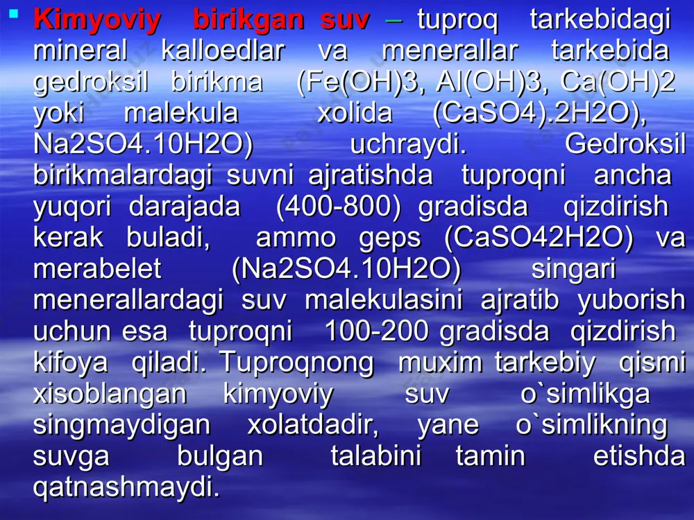 qoboliyatiga tuproqning suv o`tkazuvchanlik xossasi qeyiladi. tuproqning suv o`tkazuvchanligi ikki bosqichli prases bulib, u dastlab namga tuyinmagan tuproq suvni shiimib tuyinadi, sungra suv qatlamining pastki qismiga malum tezlikda felterlanadi, yane shimilish va feltirlaninish singari ikki bosqichli jarayon buladi. suv o`tkazuvchanlik tuproq yuzasiga kelayotgan suvning miqdori bilan ulchanadi. suv dastlab tuproqqa kup miqdorda shimiladi, keyinchalik esa kamaya borib, feltirlanishning boshlanishi bilan o`zgarmas xolatga utadi. . o`simliklar tuproqdagi namning hammasidan foydalana olmaydi. namning bir qismi usimlikga mutloqo singmaydi, boshqa qolgan qismi esa turli darajada singadi tuproqdagi kimyoviy birikgan suv gegroskopik va maksimal gegroskopik suv o`simlikga mutloqo singmaydigan foydasiz suv hisoblanadi. tuproqda bush birikgan suvdan ham o`simlik qisman fotdalanganligi sababli o`simlik normal o`sa olmaydi va suliy boshlaydi. o`simliklar butunlay sulib qoladigan nam miqdoriga sulish namligi (sn) yoki sulish koeffisienti (sk) deyiladi va quruq tuproqqa nisbatan prosent bilan ifoda etiladi. . tuproqning suv balansi- suv balansi tuproqqa kelayotgan suv va undan chiqib sarf bulayotgan …