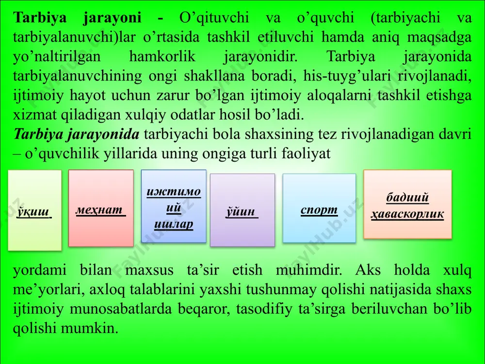 atlar uchrab turadi. shuning uchun yosh pеdagoglar qator qoidalarni bilishi lozim. tarbiya maqsadining aniqligi bolalar va kattalarning birlikdagi faoliyati o’z-o’zini anglash jamoa yo’nalishi tarbiyaning shaxsga yo’naltirilganligi ixtiyorlilik tarbiya mazmuni 2-topshiriq 3-topshiriq insert pedagogik jarayon, tarbiya jarayoni, odamlarning tabiati shu darajada murakkabki muallim ba‘zan istasa-istamasa qo’polik qilishga “majbur” bo’ladi pedagog talaba yoshlar tarbiyasida, ularning axloqiga ta`sir etadi dilini o’rinsiz ranjitadigaplar o’qishdan sovutish talabchanlik o’qituvchi metodining normalaridan biri hisoblanadi pedagog talabaga qo’yayotgan talabi adolatli bo’lmog’i kerak foydalanish uchun adabiyotlar: ibragimov x.i. pedagogika nazariyasi t.: “fan va texnologiyalar” nashriyoti 2008. 2.pedagogika. m.to’xtaxo’jaevaning umumiy taxriri ostida. – t.: o’zbekiston faylasuflari milliy jamiyati, 2010. 3.askariva o.m., xaitboev m., nishonov s. pedagogika –t.: o’zbekiston faylasuflari milliy jamiyati, 2010. 4.ibragimov x.i. abdullaeva sh. pedagogika nazariyasi. –t.: “fan va texnologiyalar”nashriyoti, 2008. elektron ta`lim resurslari http://www.edunet.uz; http://www.ziyonet.uz; http://www.istedod.uz image1.jpeg image2.jpeg image3.jpeg image4.jpeg image5.jpeg image6.wmf image7.gif /docprops/thumbnail.jpeg