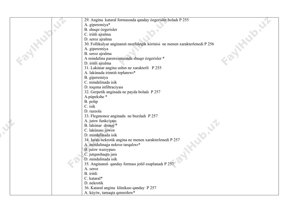 ratsillin d. mukoltin 56. anginada qanday antigistamin preparati isletiledi p 261 a. suprastin* b. mukoltin c. nazivin d. bromgeksin 57. anginada tamaqtı shayıw ushın qanday eritpe isletiledi? p 261 a. soda eritpesi, furatsillin * b. mukoltin c. nazivin d. siprolet 58. lakunar angina menen kesellengen nawqastıńjumısqa jaramsızlıǵı ortasha neshe kúnge teńboladı? palchun в. t. 218 str a.1-2 kún b. 5-6 kún с. 8-9 kún d.10-12 kún * 59. anginanıń eń kóp beretuǵın asqınıwı esaplanadı? palchun в. t. 237 str a. paratonzilit* b. tonzillit с. faringit d. laringit 60. anginada qanday askınıwlar ajıratıladı? p 280 a. ulıwma, jergilikli* b. qan ketiwi с. jutınıw buzılıwı d. dawısın õzgertiw 61. anginada ulıwma asqınıwlar arasında qaysı kesellik birinshi orındi iyeleydi p 280 a. revmatizm * b. nefrit c. osteoporoz d. tonzillit 62. anginanıñ ulıwma asqınıwlarınıñ keshiwi hám qásiyetleri tiykarında ne jatadı? p 280 a. viruslar b. streptokok infeksiyası * с. zamarrıqlar d. bacilla 63. …