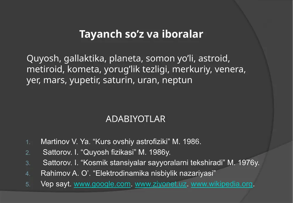 ka yili deb ataladi. quyosh turkumida 8 ta katta sayyora, bir necha ming kichik sayyoralar, asteroidlar, meteoritlarva kometalar va boshqa osmon jismlaridan iborat. quyosh turkumining diametri 12 mlrd km bo‘lib, uni yorug‘lik nuri 11 soatda kesib o‘tadi. quyosh asosiy kursatkichlari massasi 2∙1030 kg radiusi 696 000 km spektral sinfi g2 v yorqinligi 3,86∙1026 vt aylanish davri 25,380 sutka o‘rtacha zichligi 1 400 kg/m3 ko‘rinma yulduz kattaligi –26,75m sirt (effektiv) temperaturasi 5780 k yerdan o‘rtacha uzoqligi 149,6 mln. km yoshi ~ 5 mlrd. yil 5 sayyoralarning ko’rinma va haqiqiy harakatlari. sayyoralarning ko’rinma harakati kuzatuvchi tarafidan kuzatilayotgan harakatga aytiladi. sayyoralarning ko’rinma harakati sirtmoqsimon. haqiqiy harakati. bu quyosh atrofida ellips bo’ylab harakatiga aytiladi. quyosh sistemasining kurinishi sayyoralarning siderik va sinodik davrlari farqi. sayyoralarning siderik davri deb uning quyosh atrofida ma’luym bir yulduzga nisbatan to’liq aylanib chiqishi uchun ketgan vaqtga aytiladi. sayyorning sinodik davri deb uning bir xil konfiguratsdion vaziyatlarining (qo’shilishi va qarama-qarshi turishlari) …