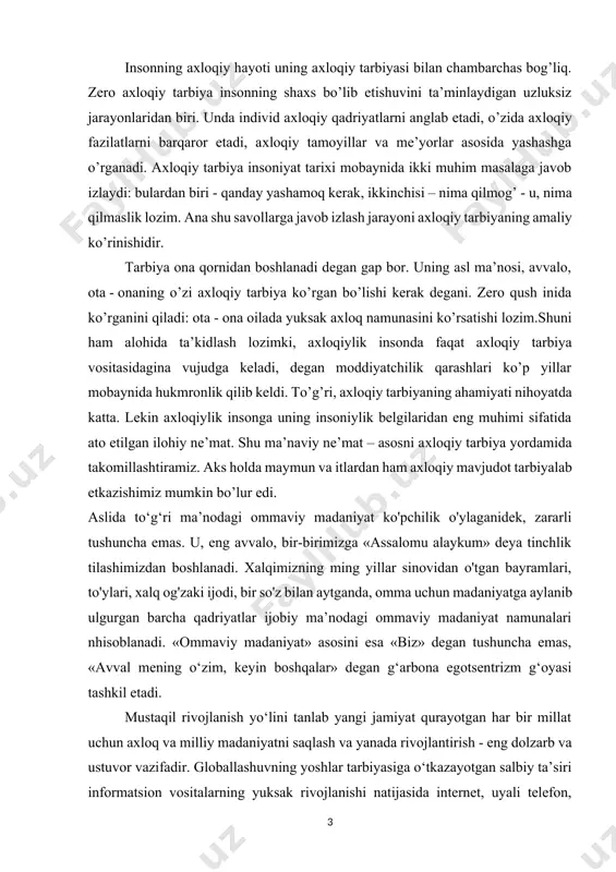 r ijobiy ma’nodagi ommaviy madaniyat namunalari nhisoblanadi. «ommaviy madaniyat» asosini esa «biz» degan tushuncha emas, «avval mening o‘zim, keyin boshqalar» degan g‘arbona egotsentrizm g‘oyasi tashkil etadi. mustaqil rivojlanish yo‘lini tanlab yangi jamiyat qurayotgan har bir millat uchun axloq va milliy madaniyatni saqlash va yanada rivojlantirish - eng dolzarb va ustuvor vazifadir. globallashuvning yoshlar tarbiyasiga o‘tkazayotgan salbiy ta’siri informatsion vositalarning yuksak rivojlanishi natijasida internet, uyali telefon, telekommunikatsiyalar va turli axborot nashrlarining kirib kelishi, bu vositalar orqali taklif etilayotgan «qadriyatlar» ko‘p hollarda yoshlarimizni milliy qadriyatlarimizdan uzoqlashtirib qo‘ymoqda. boshqacha qilib aytganda, «ildizi yo‘q individ»larning shakllanishiga olib kelmoqda. «ommaviy madaniyat» turli xil ko‘rinishlarining yoshlar orasida tobora keng tarqalishi asosan kiyinishda, qiziqishlarda, bo‘sh vaqtni o‘tkazishda, didlarning sayozlashuvida, milliy qadriyatlarga munosabatda namoyon bo‘lmoqda. bular esa behayolik va zo‘ravonlik, milliy qadriyatlarga va ijtimoiy manfaatlarga bepisandlik bilan munosabatda bo‘lish kabi illatlarni keltirib chiqarmoqda. bugungi kunda yoshlar orasida taqlidchilik holatlarining kuchayayotganligi kuzatilayapti. xorijda keng tarqalgan axloqiy va ma’naviy yurish-turish …