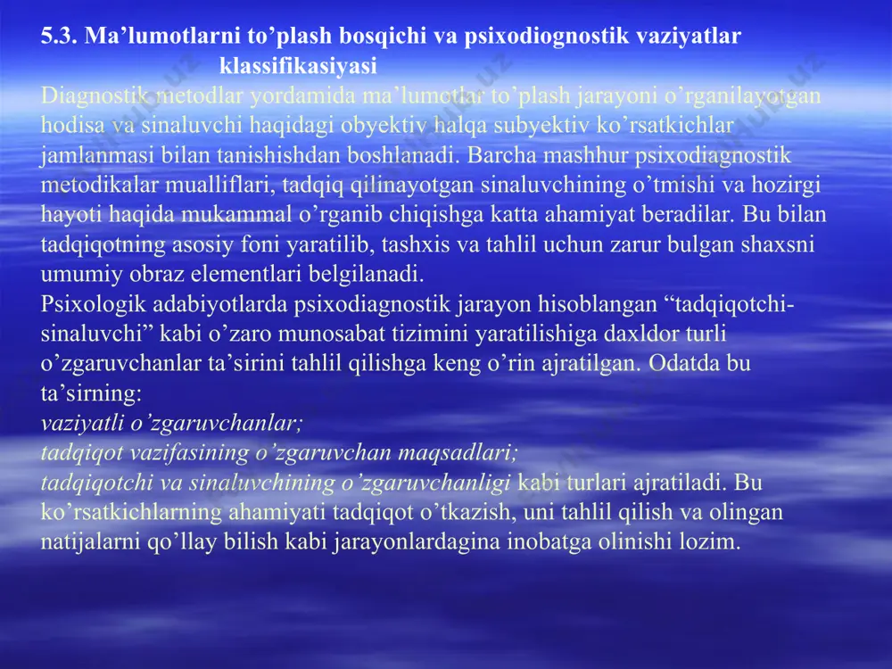 tchilar izlanishlari uchun bir-biridan mustaqil ravishda ayni psixologik metoddan bilan, bir xil eksperimental sharoitlarda foydalanadilar. ular olgan natijalar solishtirilib, metodning obyektivlik koeffesenti chiqariladi. ammo metod obyektivligini amaliy jihatdan tekshirishda bir muncha qiyinchiliklar vujudga keladi. chunki aynan bir xil ekperimental sharoitlarni vujudga keltirish juda qiyindir. psixodiagnostikada validlik – hatti harakatni o’zlashtirishga bo’lgan muvaffaqiyatni tekshirish va test masalalarining ayni shu faoliyat xususiyatlariga mos kelishini sinab ko’rish jarayonlarida qo’llaniladi. fanda validlikning bir necha turlari farqlanadi: konstruktiv validlik – testlashtirish obyektini psixologik tahlil qilishni taqozo etadi, ya’ni test natijalari ajratilgan xususiyatning tekshirish yo’nalishini o’rganadi. masalan, o’zlashtirishning diagnostik nazoratida mujassam bo’lmagan indikatorlar, haqiqatdan ham o’quv jarayonining shart-sharoitlarini namoyon qiladimi yoki yo’qmi? kriterial validlik – tadqiqotchi uchun test natijalari yordamida individ xatti-harakati aspektining hozirgi va kelajakdagi holati haqida hukm chiqarishi masalasini aniqlash imkonini beradi. buni aniqlash uchun qo’lga kiritilgan natijalar tashqi kriteriylar (mezon) orqali solishtiriladi yoki turli testlar ma’lumotlari bilan taqqoslanadi. prognostik validlik – tashqi kriteriylar …