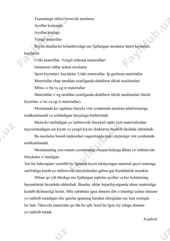 o`qib tikuvchi moslama a–ignalar orasidagi masofa, b–bahyaqatorlar eni yengil trikotaj materiallari detallarni bir vaqtda bo`qib, birlashtirib tikishga mo`ljallangan moslama sport kiyimlari, ayollar kiyimi, kuylaklar tasmalarni bo`qib tikishga mo`ljallangan boslama o`rta og`irlikli trikotaj materiallar, 200 mm enli tasmalar tasmalarga ishlov beruvchi moslama sumkalar uchun tasmalar tasmalarga ishlov beruvchi moslama ayollar kostyumi. ayollar ko`ylagi. yengil materiallar. kiyim detallarini birlashtirishga mo`ljallangan moslama sport kiyimlari, kuylaklar. ustkimateriallar. yengil trikotaj materiallari imitatsion ishlar uchun moslama sport kiyimlari, kuylaklar. ustki materiallar. ip gazlama materiallar materiallar chap tarafdan uzatilganda detallarni tikish mashinalari shim, o`rta va og`ir materiallar materiallar o`ng tarafdan uzatilganda detallarni tikish mashinalari ishchi kiyimlar, o`rta va og`ir materiallar uqa yoki tasma qo`yib tikishga mo`ljallangan tepkilar esa ust kiyimlarda bort chetiga uqa qo`yib tikishda hamda ayollar, bolalar kuylaklariga va boshqa buyumlarga bezak tasma qo`yib tikishda ishlatiladi. bo`qlagich tepkilar ich kiyim, erkaklar, ugil bolalar kuylaklarini va maxsus kiyimlarning qirqimlarini bo`qib choklash va bostirib choklashda ichki chok bilan …
