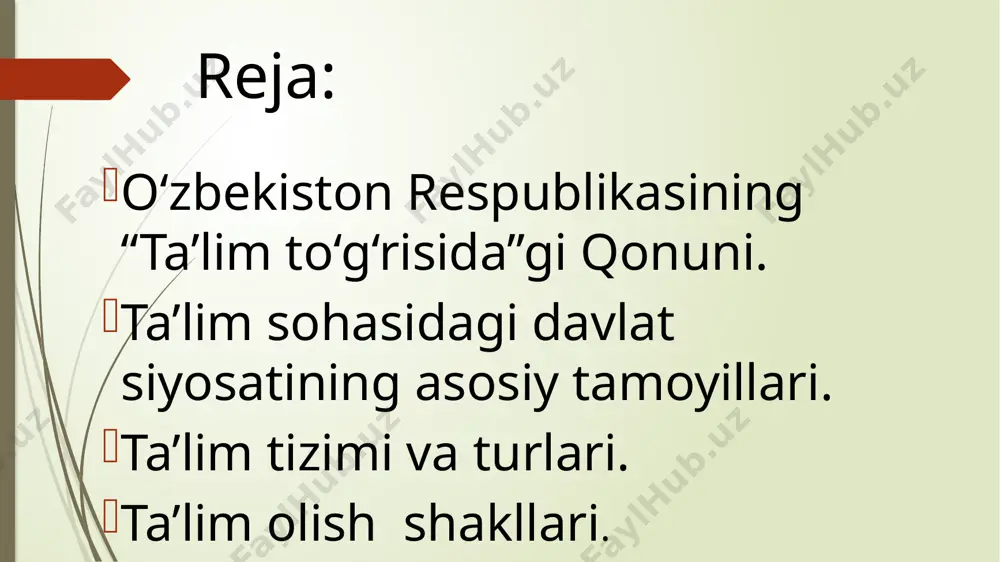 yil 22-yanvardagi farmoni bilan tasdiqlangan «2017–2021-yillarda o‘zbekiston respublikasini rivojlantirishning beshta ustuvor yo‘nalishi bo‘yicha harakatlar strategiyasini «faol tadbirkorlik, innovatsion g‘oyalar va texnologiyalarni qo‘llab-quvvatlash yili»da amalga oshirishga oid davlat dasturining 172-bandida «ta’lim to‘g‘risida»gi o‘zbekiston respublikasi qonunining yangi tahrirdagi loyihasini ishlab chiqish vazifasi belgilab berildi. qonun loyihasini ishlab chiqish jarayonida yigirmadan ortiq xorijiy davlatning (rossiya, janubiy koreya, germaniya, italiya, angliya, aqsh, fransiya, shvetsiya, daniya, norvegiya, gollandiya, ukraina, belarus, qozog‘iston va b.) ta’lim to‘g‘risidagi qonunlari o‘rganildi va ularning ilg‘or tajribalari inobatga olindi. 30 ga yaqin manfaatdor vazirlik va idoralar, ta’lim sohasida faoliyat yuritayotgan 50 dan ortiq mutaxassis va 100 dan ortiq fuqaro qonun loyihasi bo‘yicha fikr va mulohaza, takliflarini bildirdi. yangi tahrirda ishlab chiqilgan qonun loyihasida boblar soni 5 tadan 11 taga va moddalar soni 34 tadan 75 taga yetkazildi. 1-bob. umumiy qoidalar 2-bob. ta’lim tizimi, turlari va shakllari 3-bob. ta’lim tizimini boshqarish 4-bob. ta’lim faoliyatini tashkil etish va uning nazoratini amalga oshirish 5-bob. …