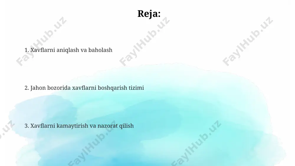 ladi. siyosiy va iqtisodiy xavflar davlatning iqtisodiy siyosatining o'zgarishi, soliq stavkalarining ko'tarilishi yoki tartibga solishning kuchayishi, korxonalarning rejalashtirilgan foydasini 10-15% ga kamaytirishi va biznes-rejalarning qayta ko'rib chiqilishini talab qilishi mumkin. jahon bozorida siyosiy beqarorlik, masalan, urush yoki siyosiy inqirozlar, korxonalarning 20% gacha daromadini kamaytirishi mumkin va bu investitsiyalarni qaytarish muddatlarini uzaytiradi. iqtisodiy sanktsiyalar, 5% dan yuqori inflyatsiya yoki valyuta kursi keskin o'zgarishi kabi omillar, xalqaro savdoda 15% gacha yo'qotishlarga olib kelishi va eksport-import operatsiyalariga xavf tug'dirishi mumkin. jahon bozoridagi xavflar геосиёсий ноаниқликлар сабабли, 2024 йил учун прогноз қилинган 30% таъминот занжирларининг бузилиши глобал ишлаб чиқаришга салбий таъсир кўрсатиши ва инфляцияни ошириши мумкин. киберхужумлар сони йил сайин 25% га ошаётганини ҳисобга олган ҳолда, маълумотлар хавфсизлигини таъминлаш ва киберхавфларни бошқариш тизимини яратиш компаниялар учун муҳим аҳамиятга эга. жаҳон бозоридаги валюта курсларининг кескин ўзгариши 2023 йилда экспорт-импорт операцияларида 15% гача зарар келтириши мумкин, бу компанияларнинг молиявий барқарорлигига жиддий таъсир кўрсатади. xavflarni boshqarishdagi axborot …