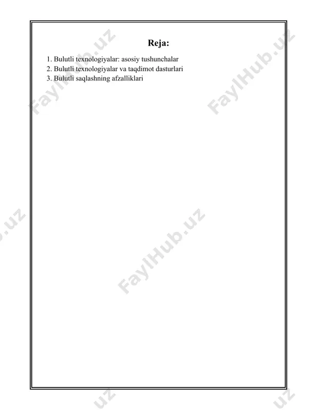compute engine ushbu xizmatlarning eng mashhur namunalari hisoblanadi. **bulutli saqlash (cloud storage):** bu ma'lumotlarni internetda saqlash va ulardan foydalanishga imkon beruvchi texnologiyadir. bulutli saqlash xizmatlari orasiga google drive, dropbox, apple icloud kiradi. ushbu xizmatlar ma'lumotlarni xavfsiz saqlash, uning zaxira nusxasini yaratish va osongina ulashish imkonini beradi. **xavfsizlik va maxfiylik:** bulutli texnologiyalar xavfsizlik va maxfiylik muammolariga ega bo'lishi mumkin. ma'lumotlarning bulutda saqlanishi ma'lumotlarning maxfiyligini ta'minlash uchun zarur bo'lgan qo'shimcha chora-tadbirlarni talab qiladi. shifr bilan himoyalash va ma'lumotlar qatlami xavfsizligini ta'minlash muhim ahamiyatga ega. **foydalanuvchilar soni va statistikalar:** 2023-yilga kelib, bulutli texnologiyalarni qo'llayotgan jahon bo'ylab korxonalar soni sezilarli darajada oshdi. o'tkazilgan tadqiqotlar shuni ko'rsatadiki, kompaniyalarning deyarli 94% bulutli texnologiyalardan biron bir shaklda foydalanmoqda. global bulutli xizmatlar bozori hajmi esa 832 milliard aqsh dollariga yetdi va 2025-yilga kelib bu raqam 1 trillion dollarni oshishi kutilmoqda. **ekologik ta'sir:** bulutli texnologiyalar, ma'lumotlar markazlari, energiya sarfini kamaytirish orqali ekologik ta'sirni kamaytirishga yordam beradi. virtualizatsiya va samarali …